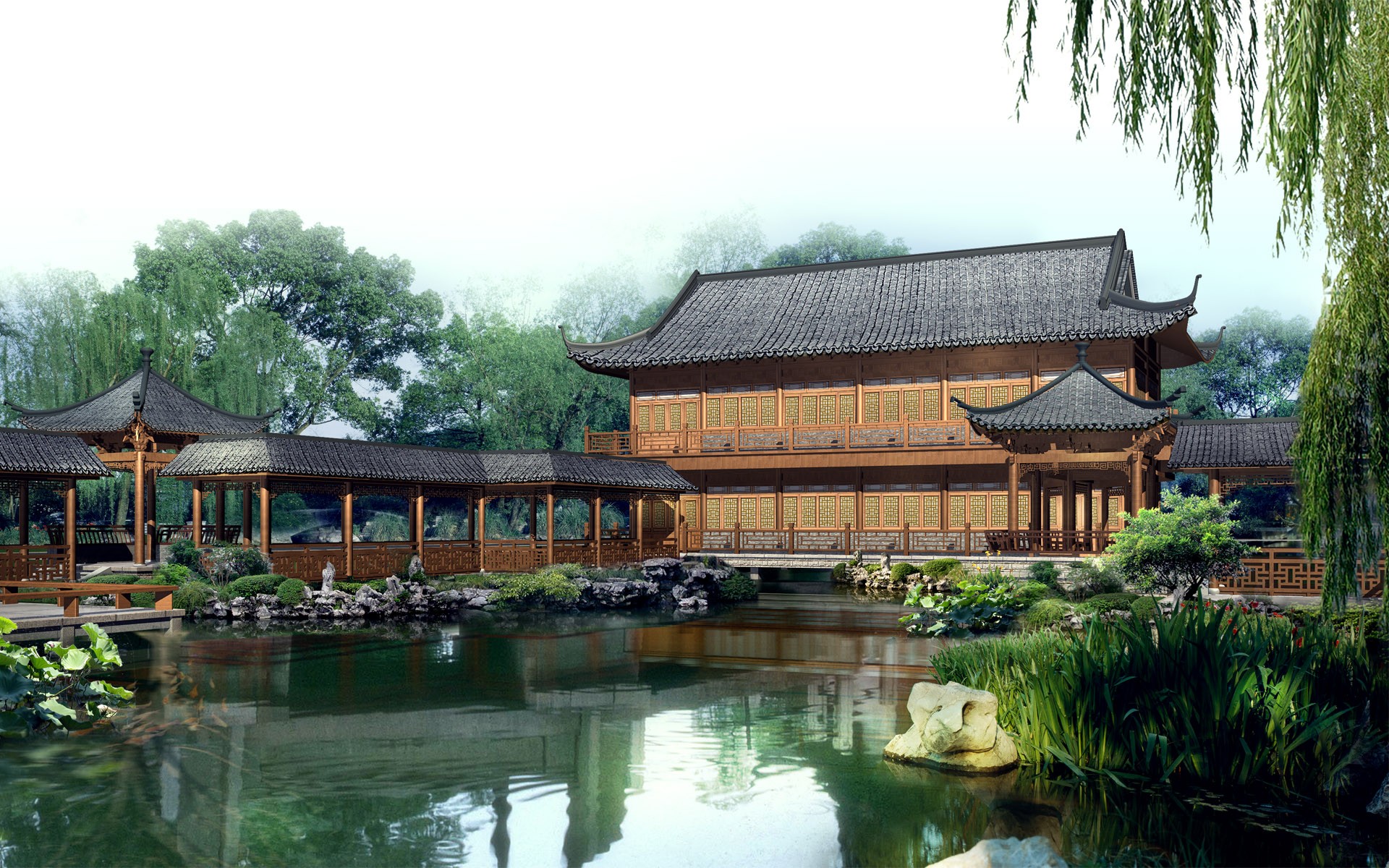 vegetation, artistic, oriental, building, garden, pagoda, pond, water 8K