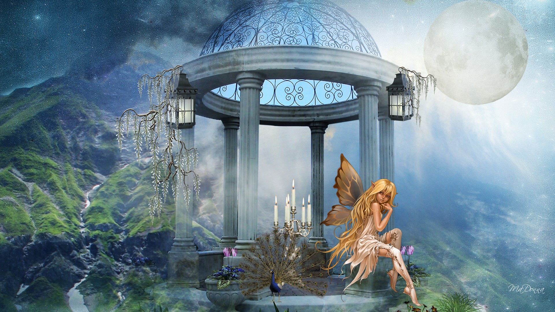 peacock, fantasy, fairy, elf, flower, gazebo, magical, waterfall HD wallpaper