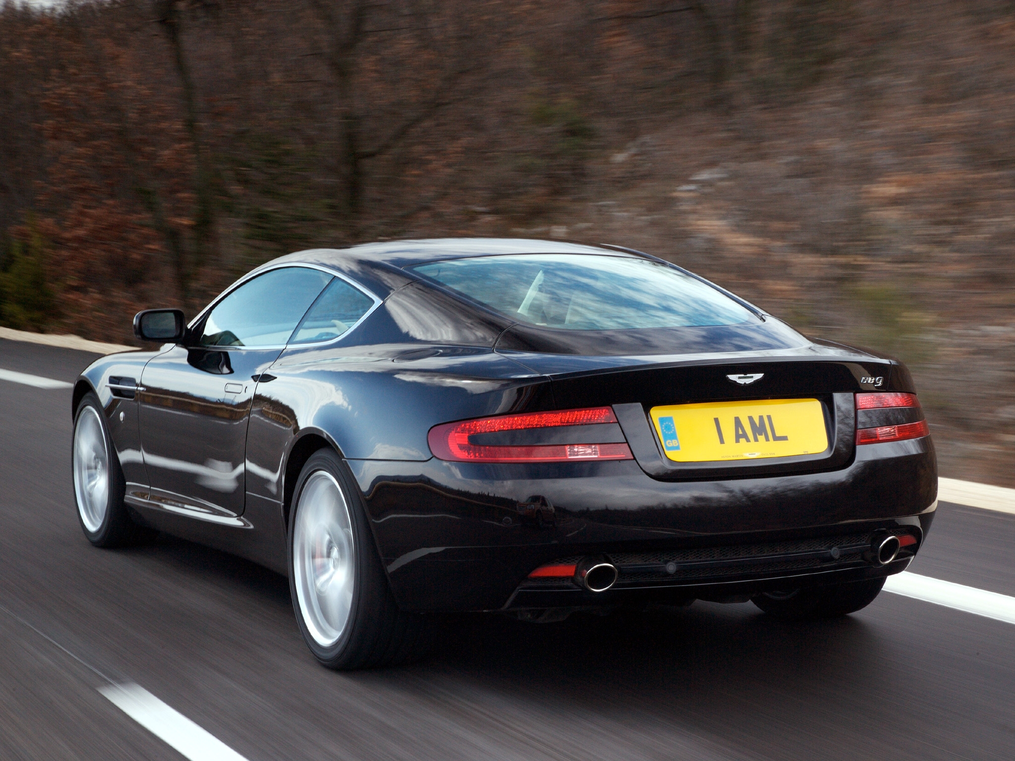 cars, auto, nature, trees, aston martin, black, back view, rear view, speed, style, db9, 2006 cell phone wallpapers