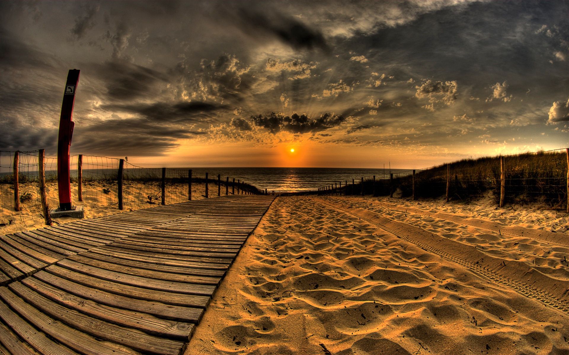 sunset, beach, road, evening, sun, sky, nature, clouds, sand, fence, traces 8K