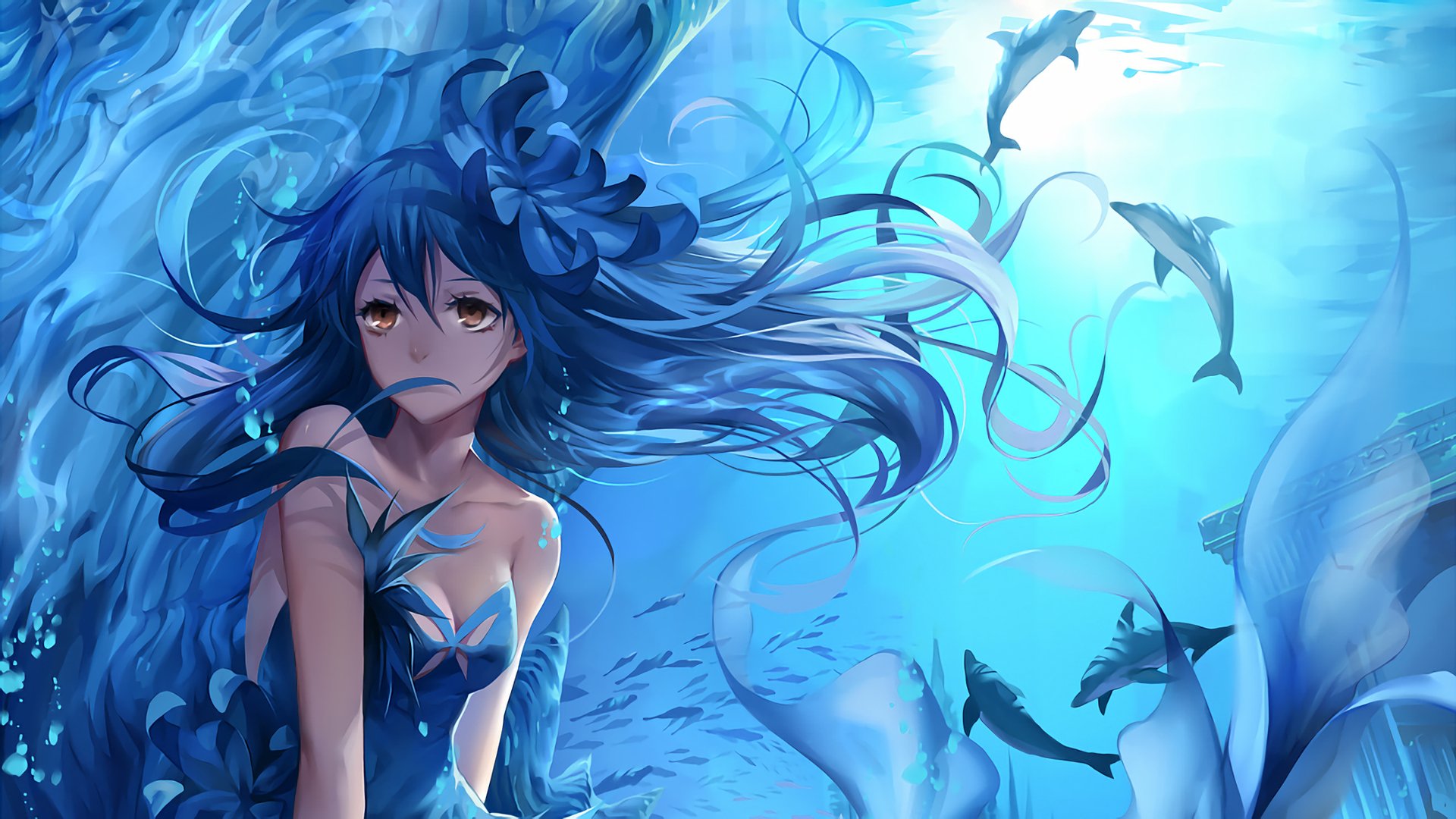 water, anime, love live!, blue dress, blue hair, brown eyes, dolphin, dress, long hair, umi sonoda, underwater
