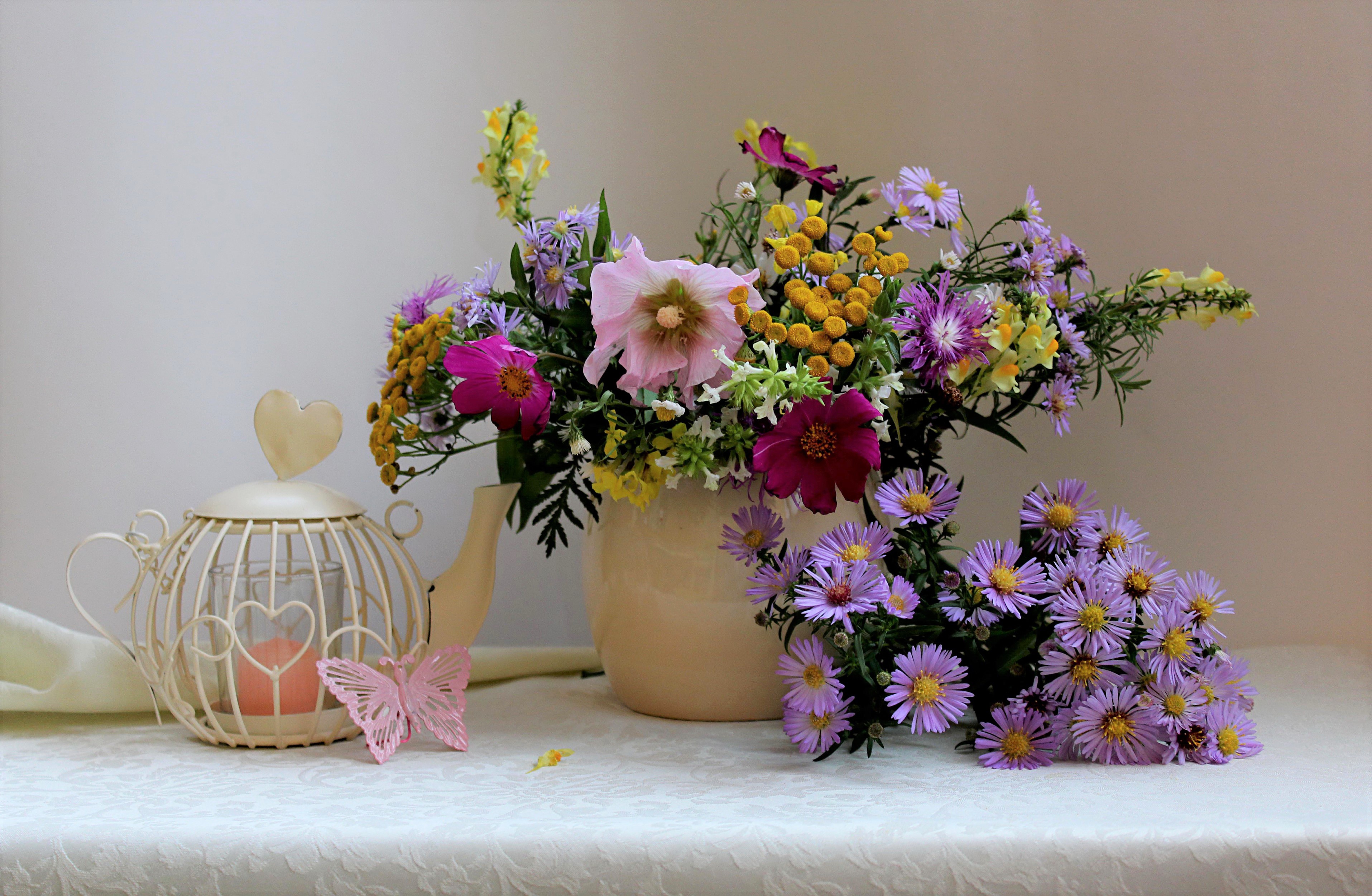 photography, still life, bouquet, butterfly, flower, kettle desktop HD wallpaper