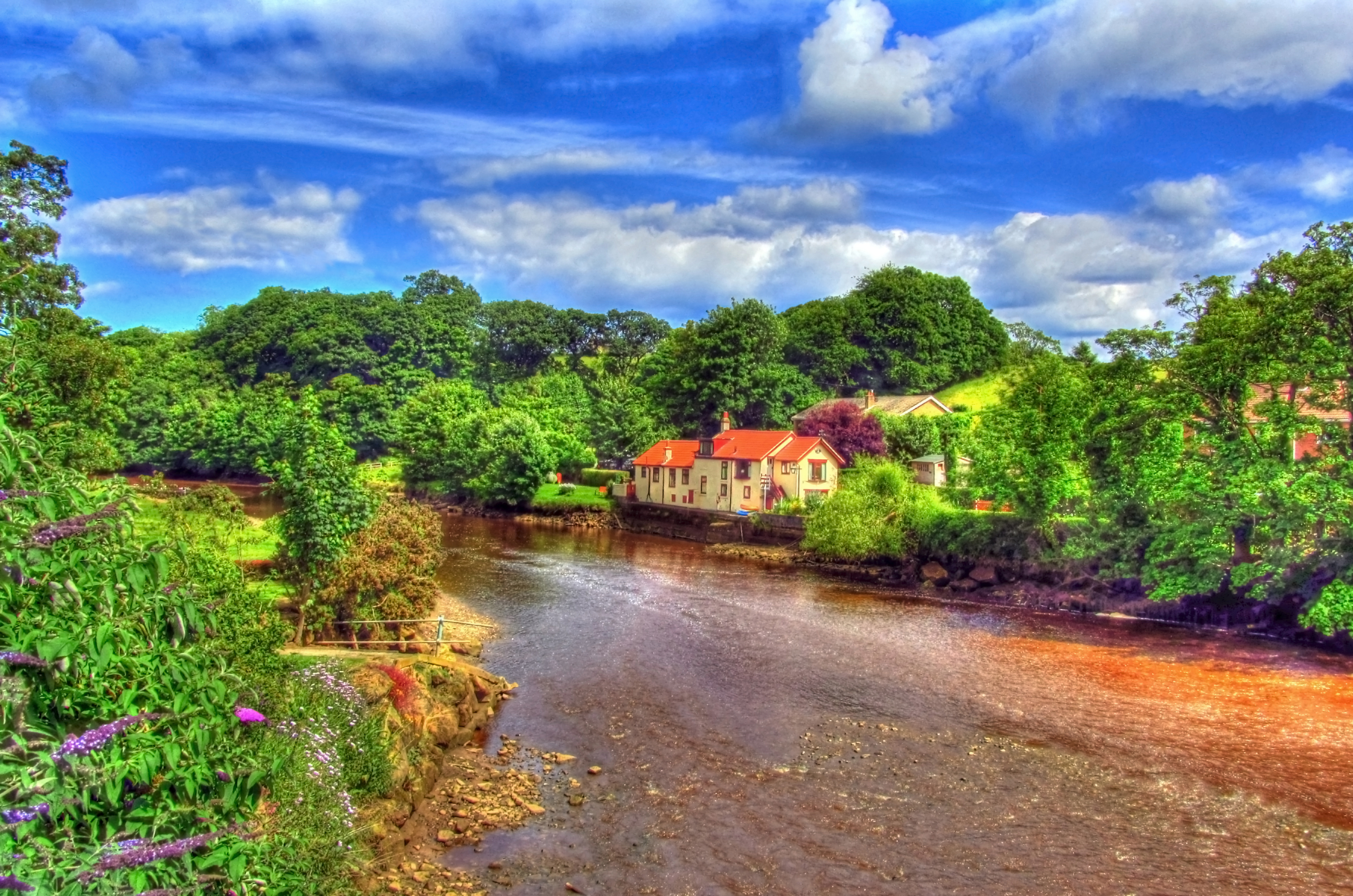 photography, hdr, cloud, house, river, scenery, sky