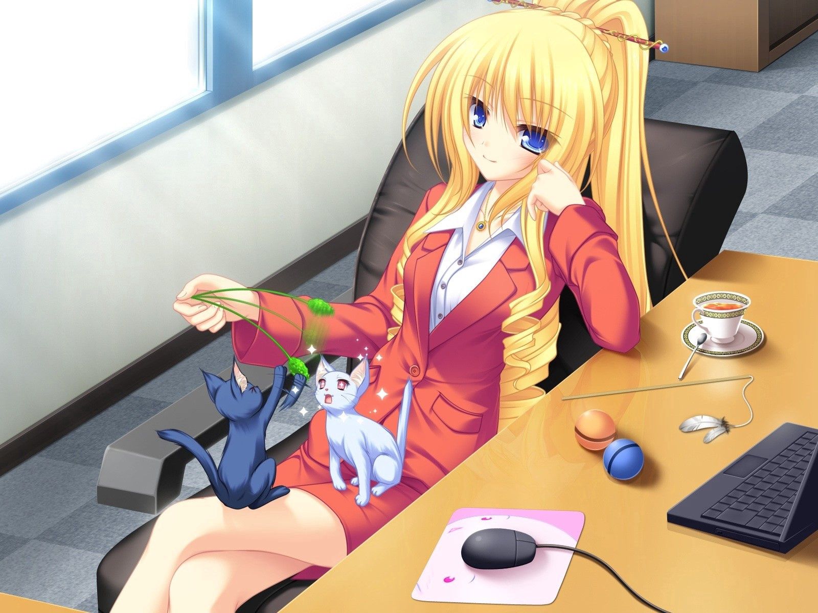 girl, anime, cat, cup, game, armchair, cabinet