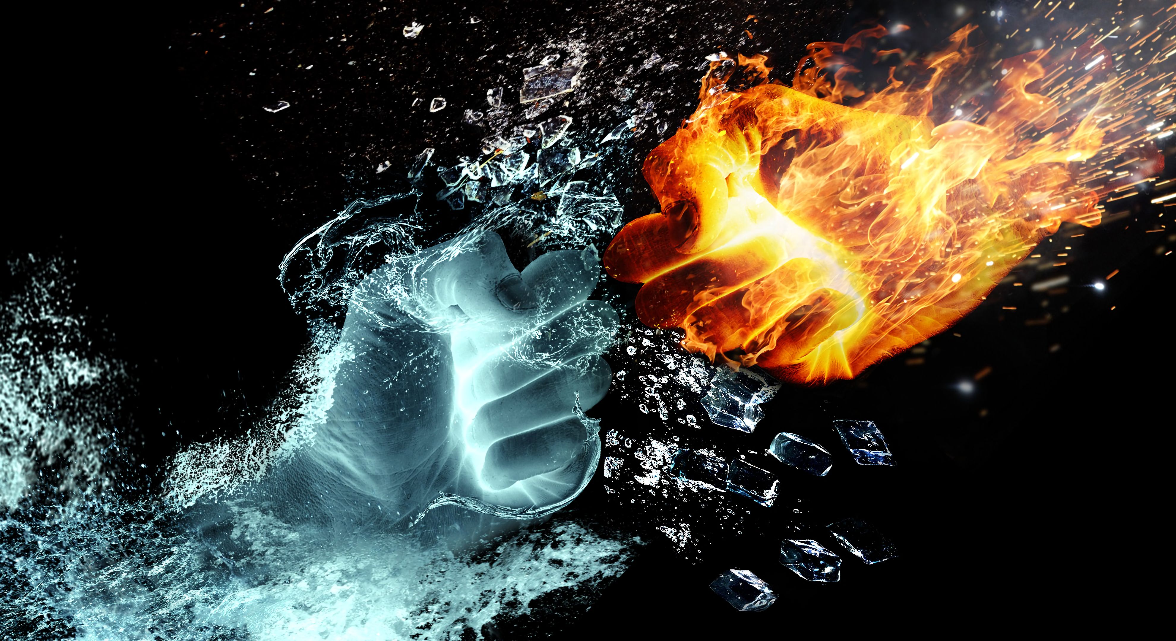 hands, fire, water, miscellanea, miscellaneous, spray, shards, smithereens 4K Ultra