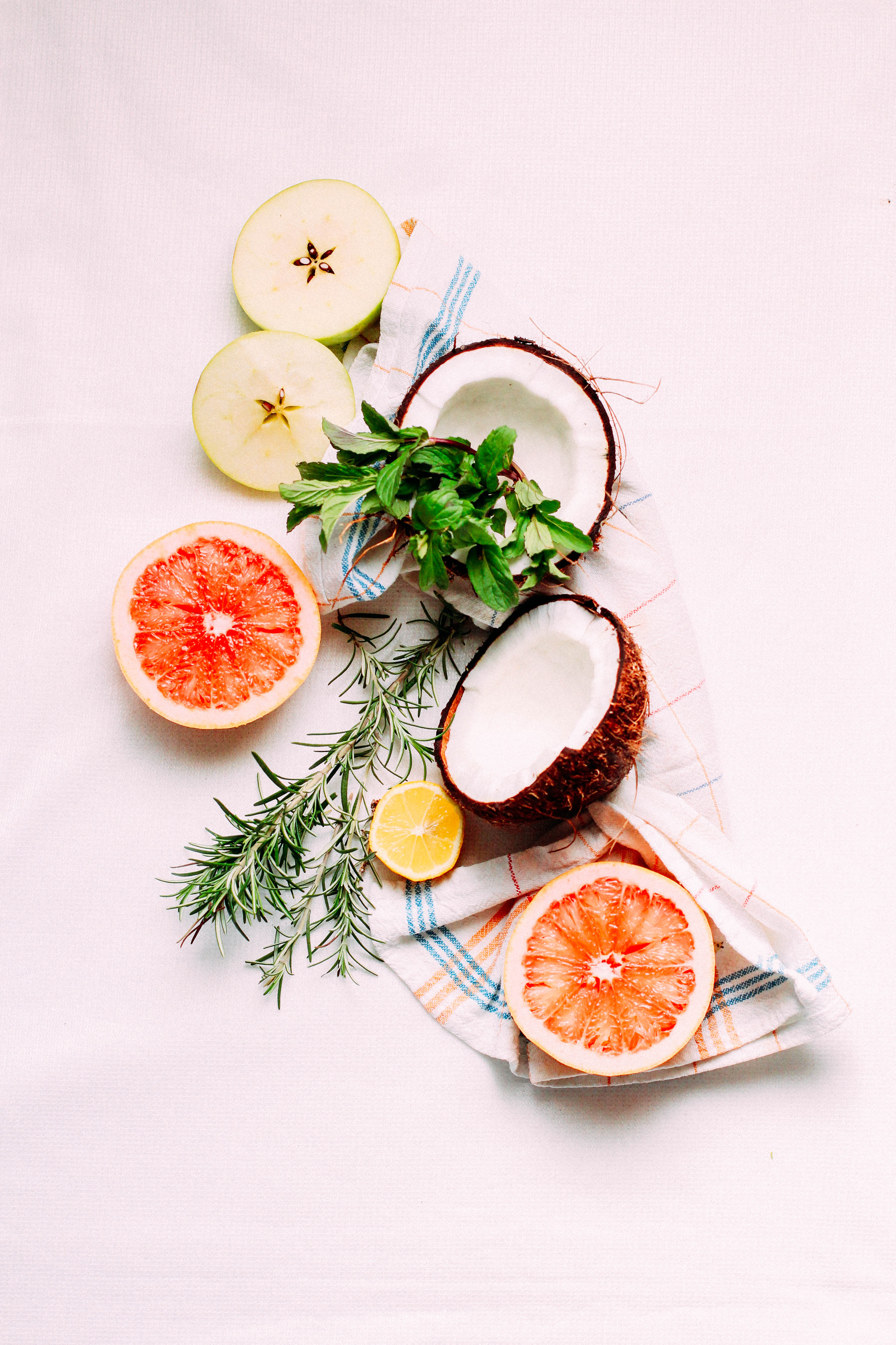 Download mobile wallpaper Fruits, Food, Herbage, Grapefruit, Herbs, Coconut, Apples for free.