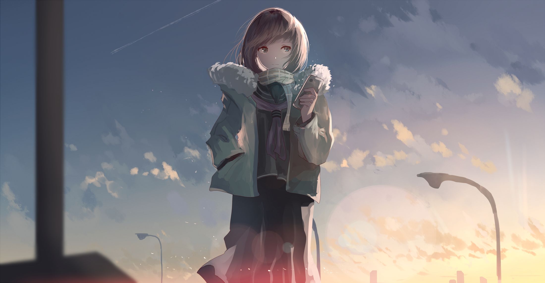 anime, original, cold, phone, scarf, short hair