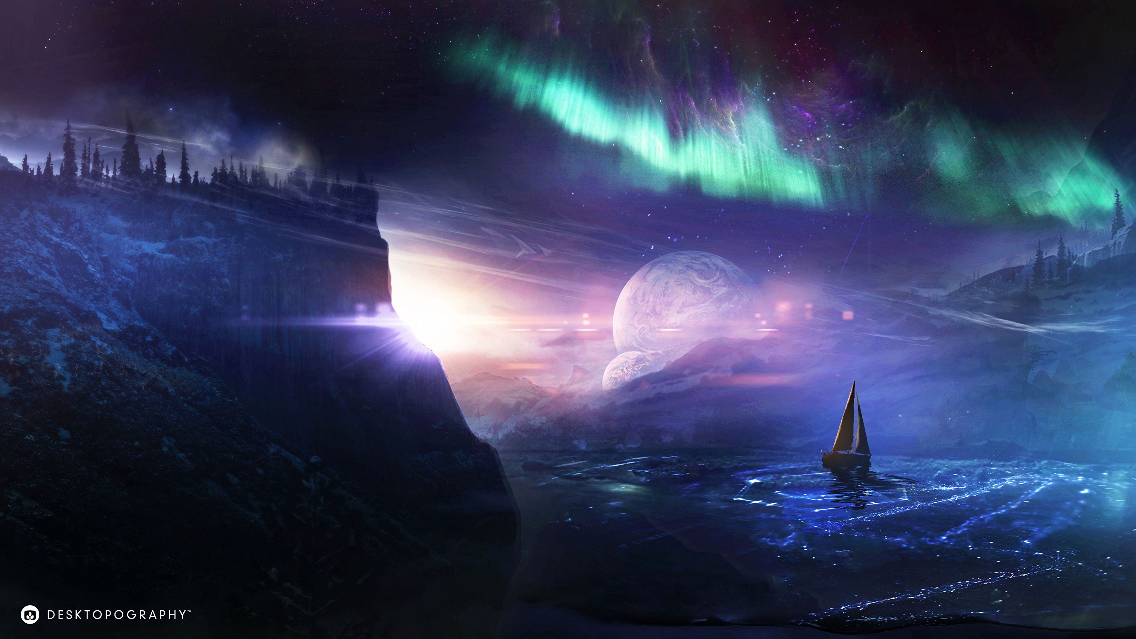 119902 Hintergrundbild herunterladen übernachtung, nordlichter, planeten, kunst, ein boot, boot, planet, aurora borealis - Bildschirmschoner und Bilder kostenlos