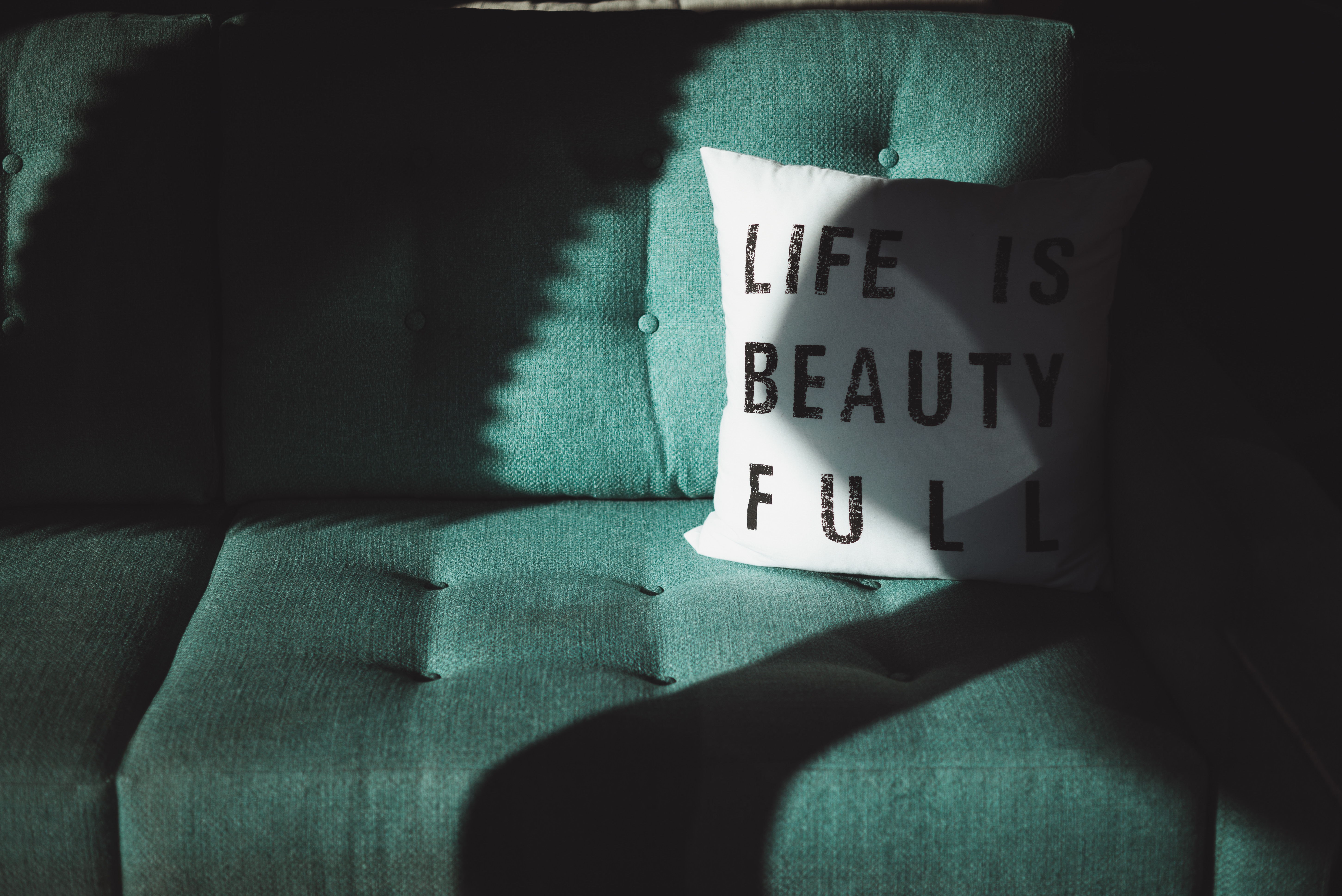 Download mobile wallpaper Pillow, Shadow, Inscription, Sofa, Words for free.