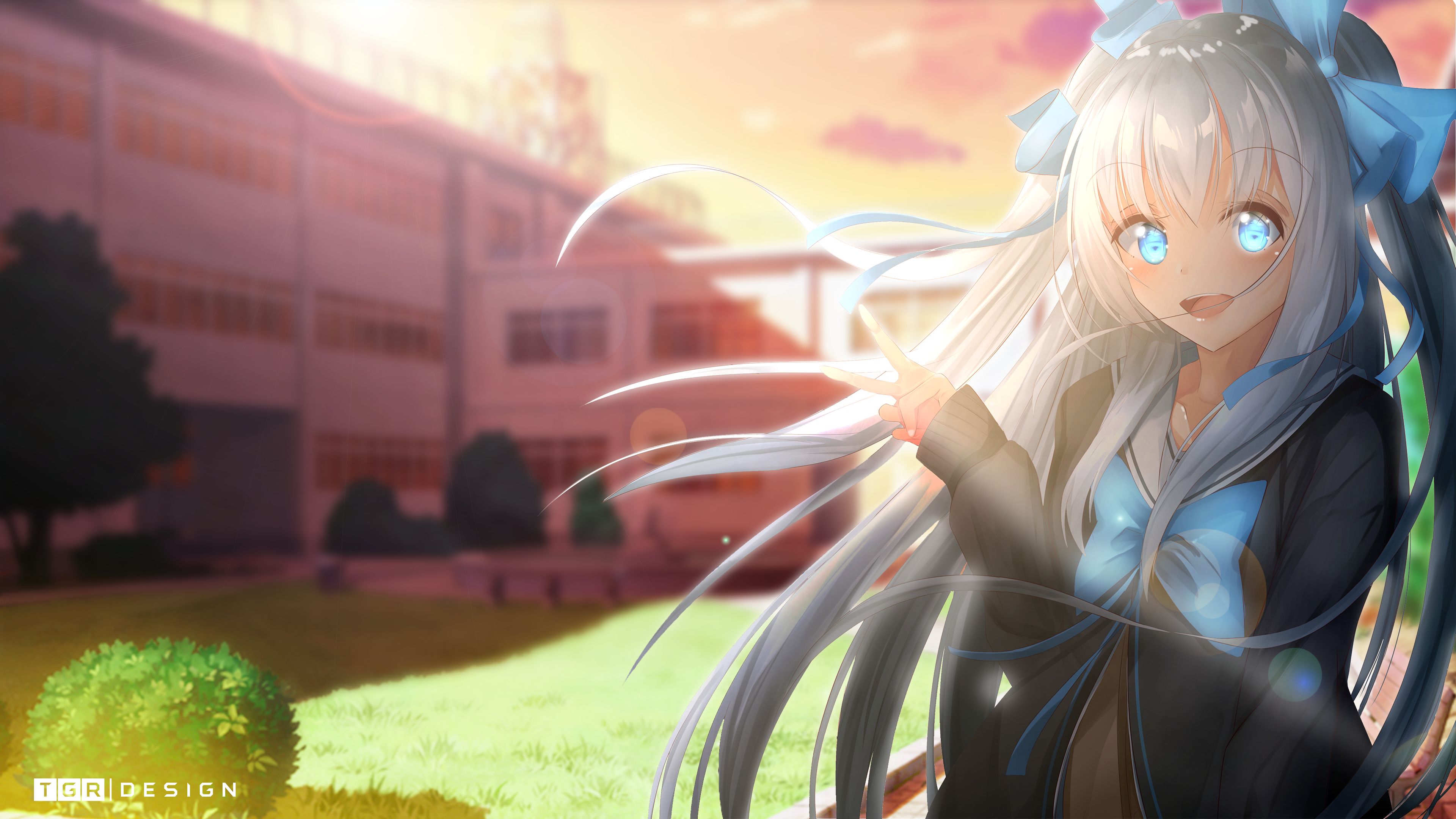 anime, girl, blue eyes, long hair, school uniform, school, white hair desktop HD wallpaper