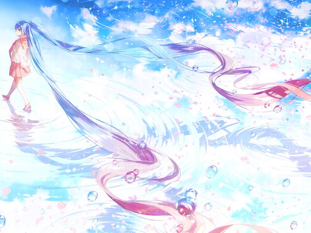 Download mobile wallpaper Anime, Water, Reflection, Vocaloid, Petal, Bubble, Skirt, School Uniform, Hatsune Miku, Long Hair, Twintails for free.