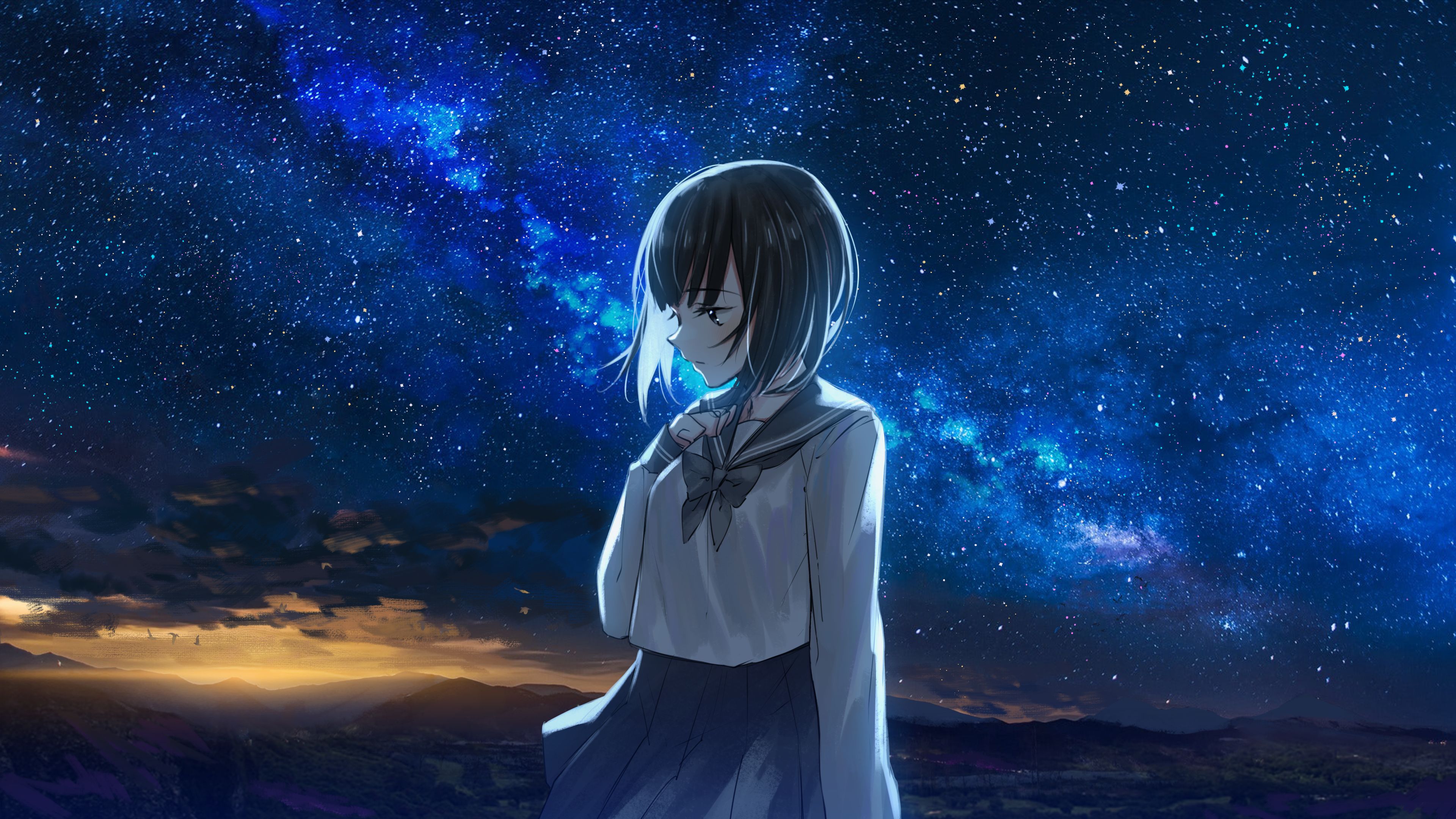 Аниме девушка в юбке на фоне ночного неба