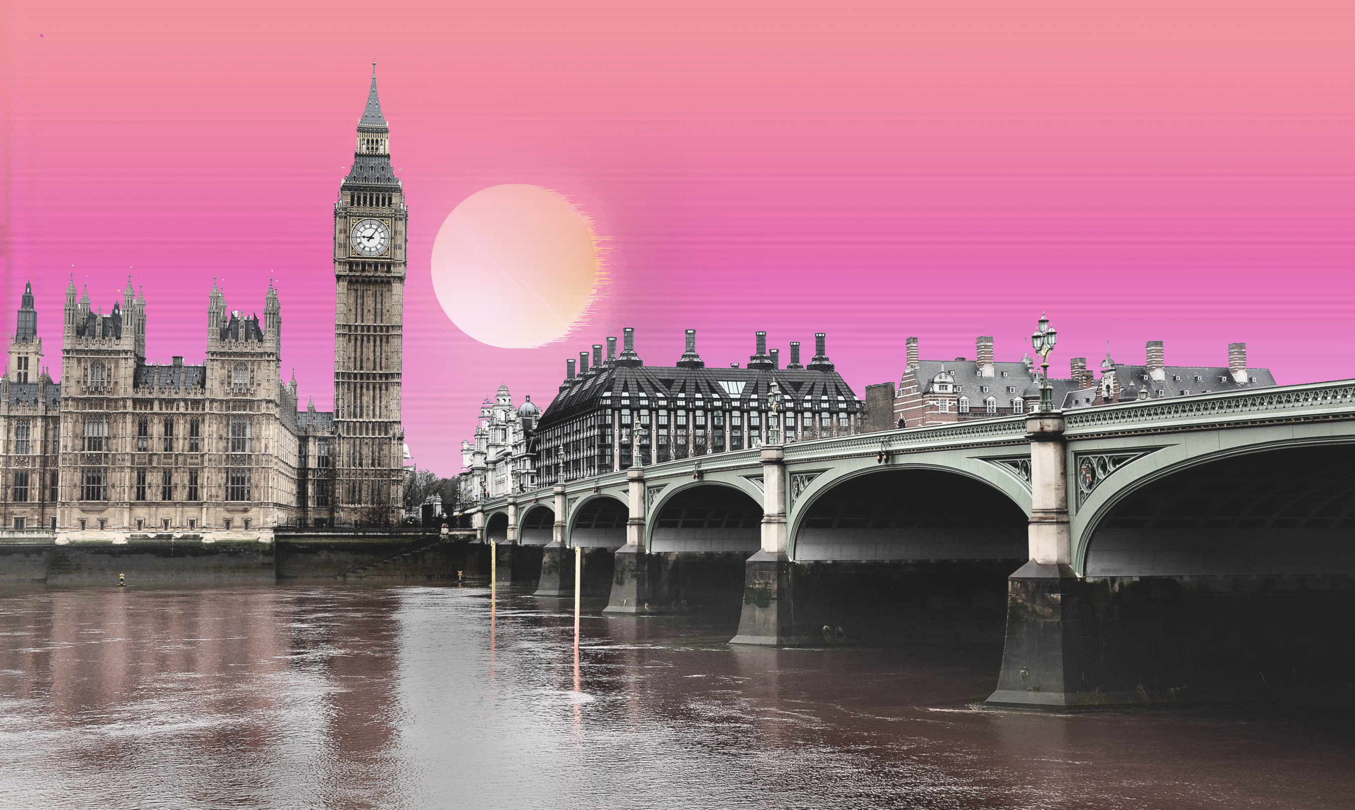 palace of westminster, artistic, vaporwave, big ben, bridge, london, united kingdom