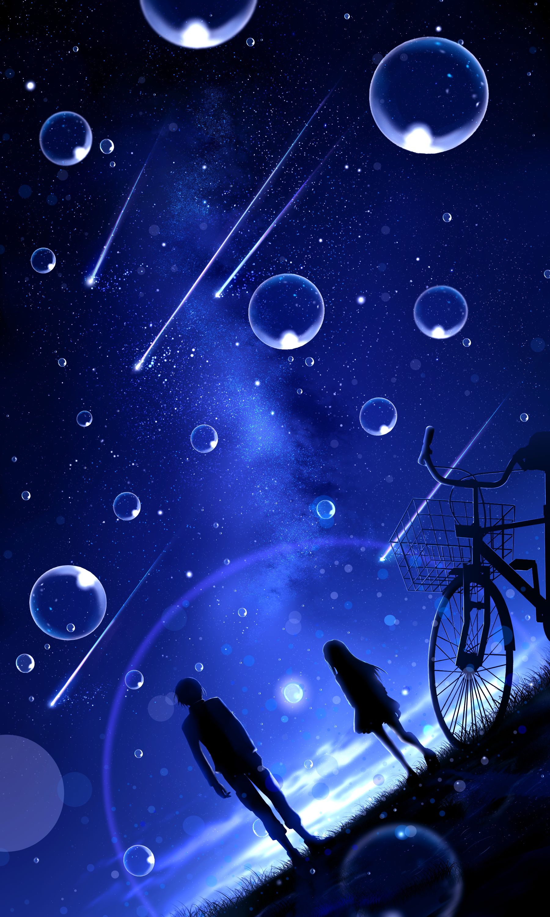 starry sky, silhouettes, art, bubbles, night, meteora, meteors