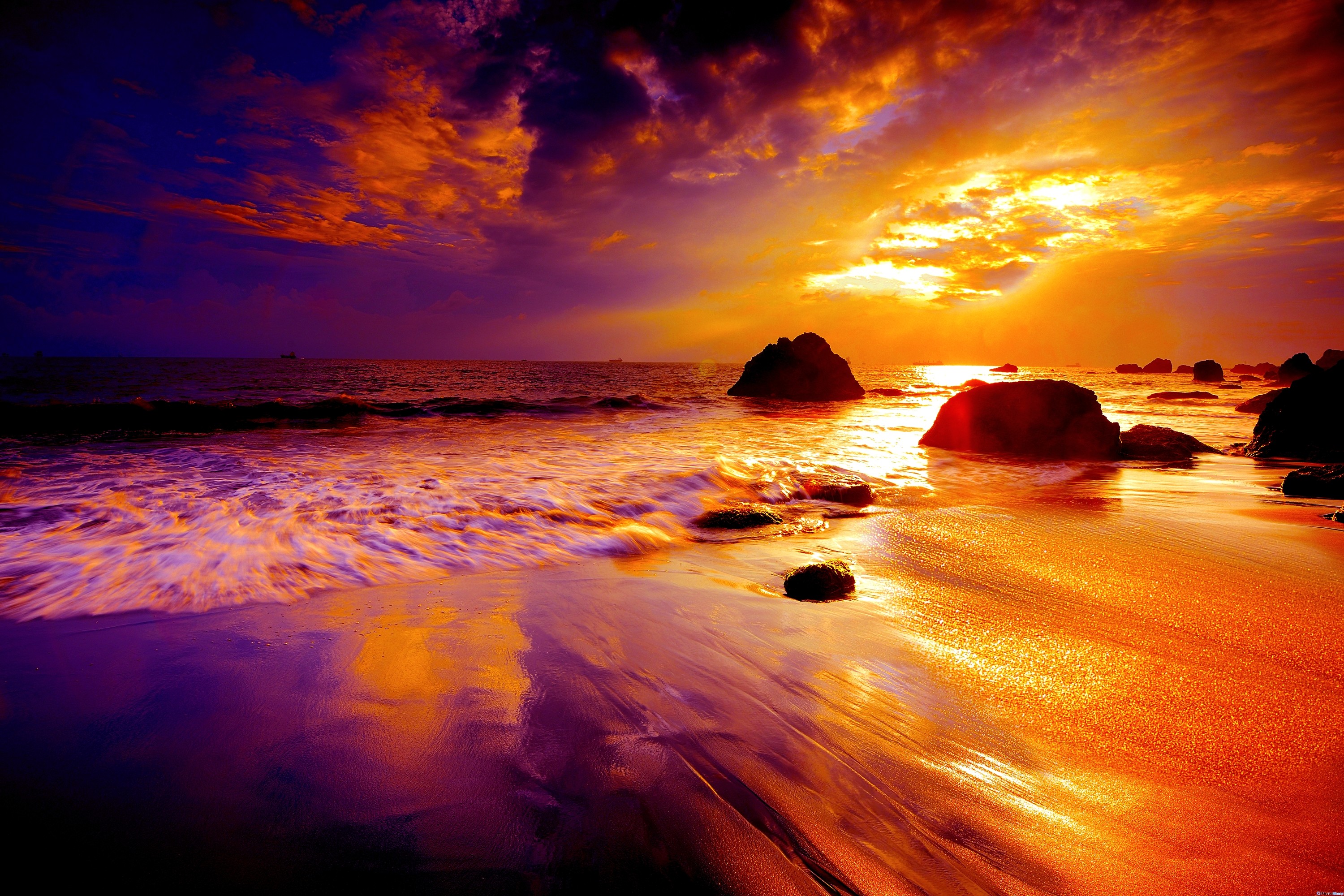 Download mobile wallpaper Sunset, Sky, Beach, Sand, Ocean, Earth, Purple, Cloud for free.