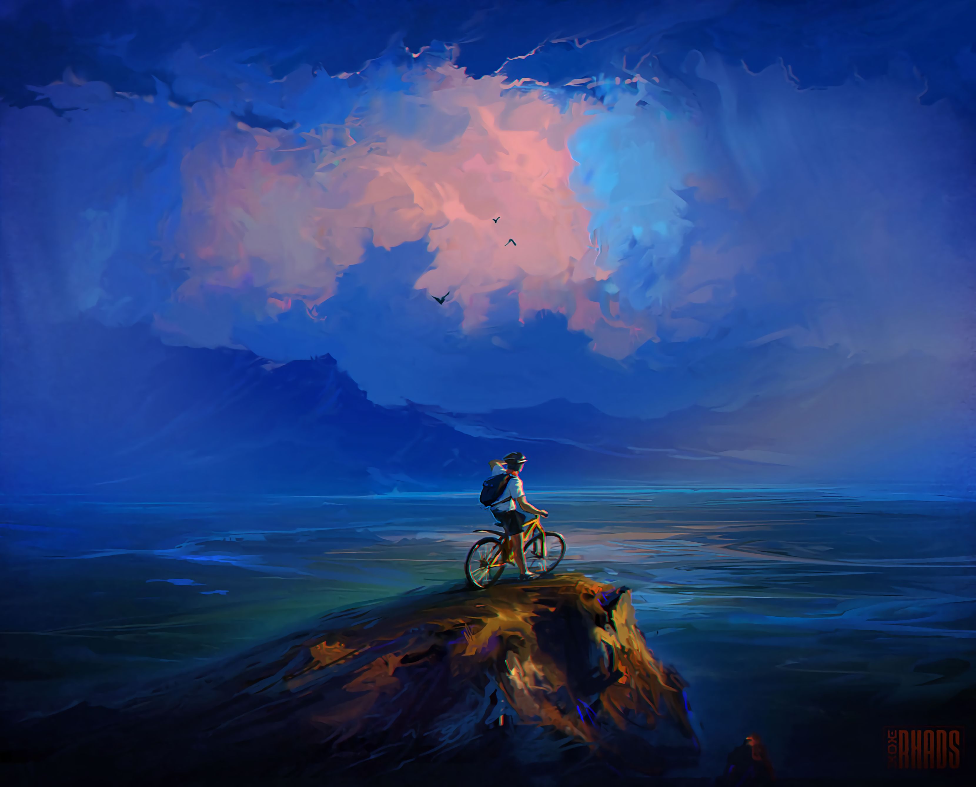 art, cyclist, sea, clouds, rock, break, precipice 8K
