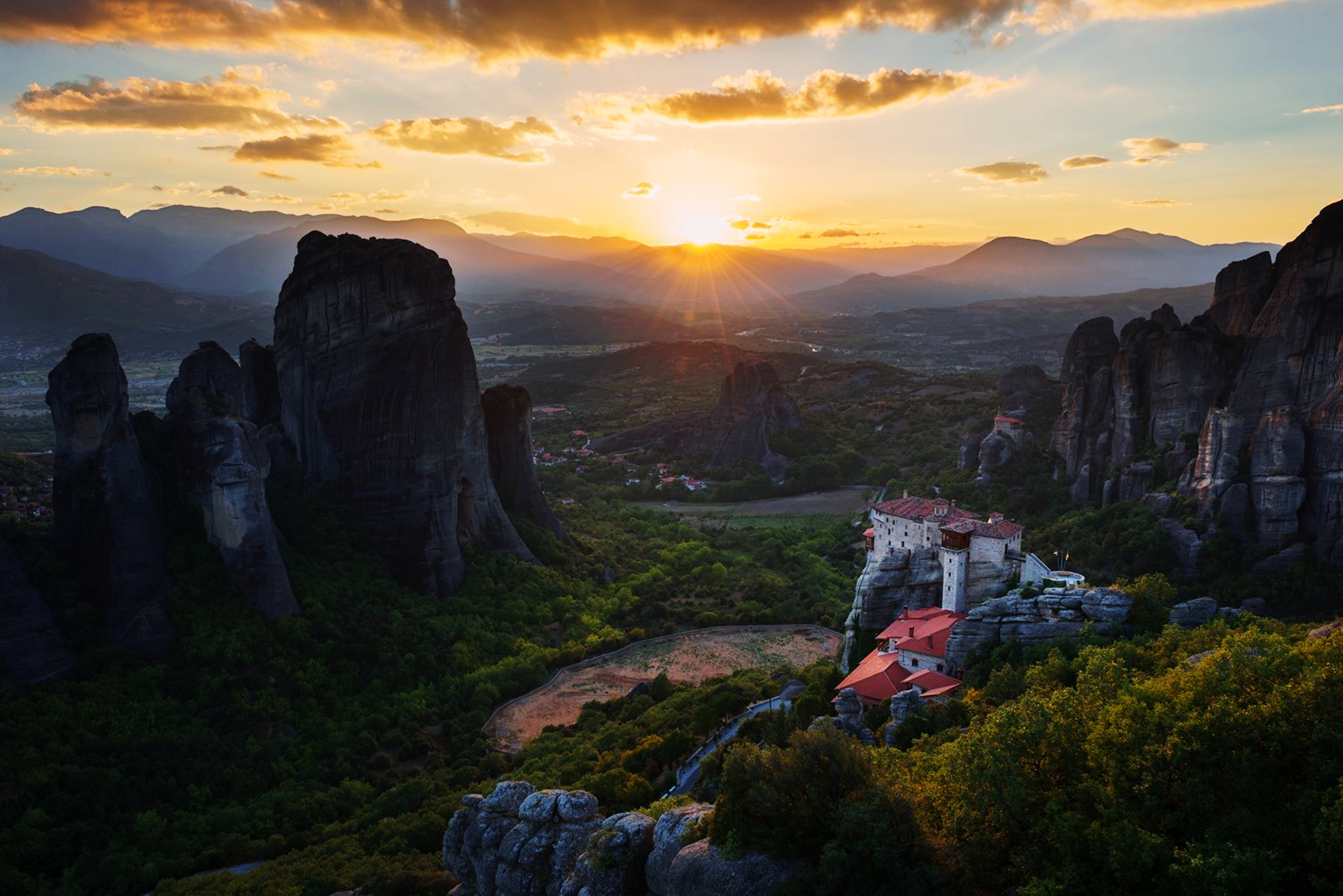 nature, greece, forest, sunset, religious, meteora, house, landscape, mountain 1080p