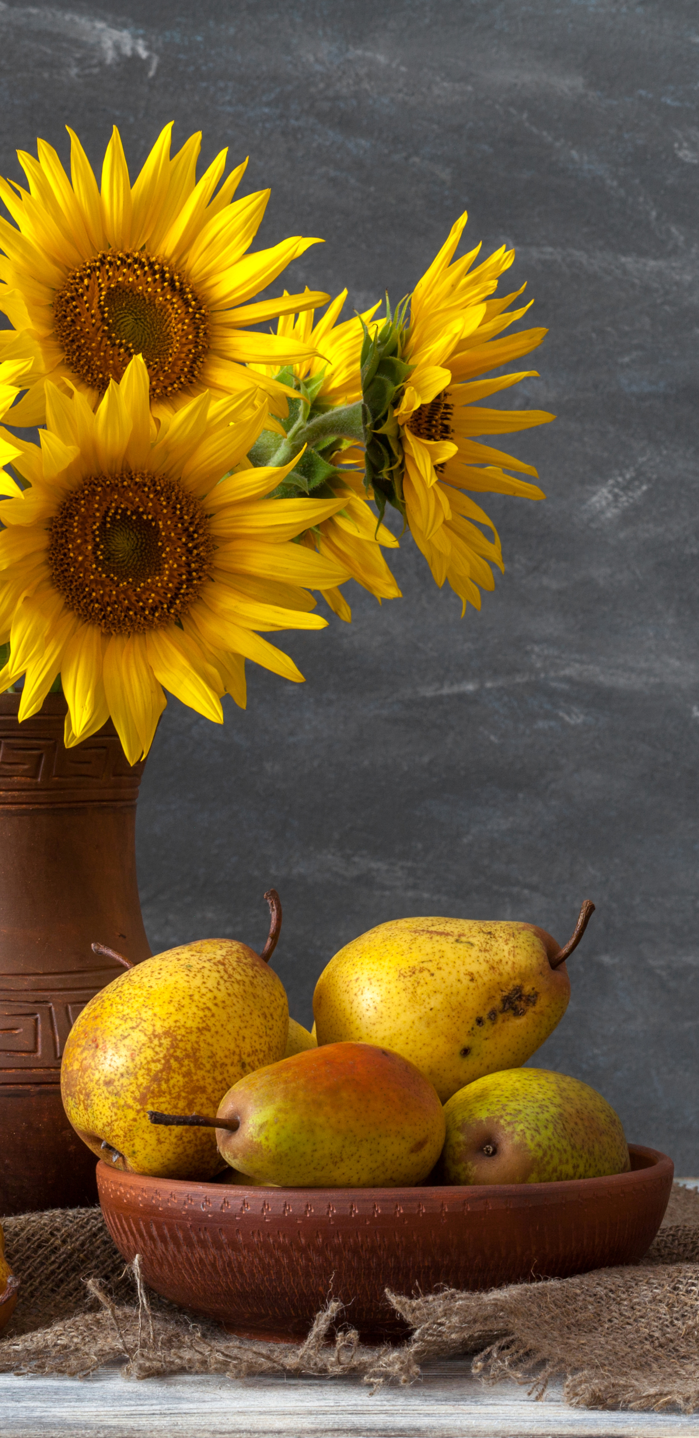 photography, still life, pear, yellow flower, sunflower, bowl, vase