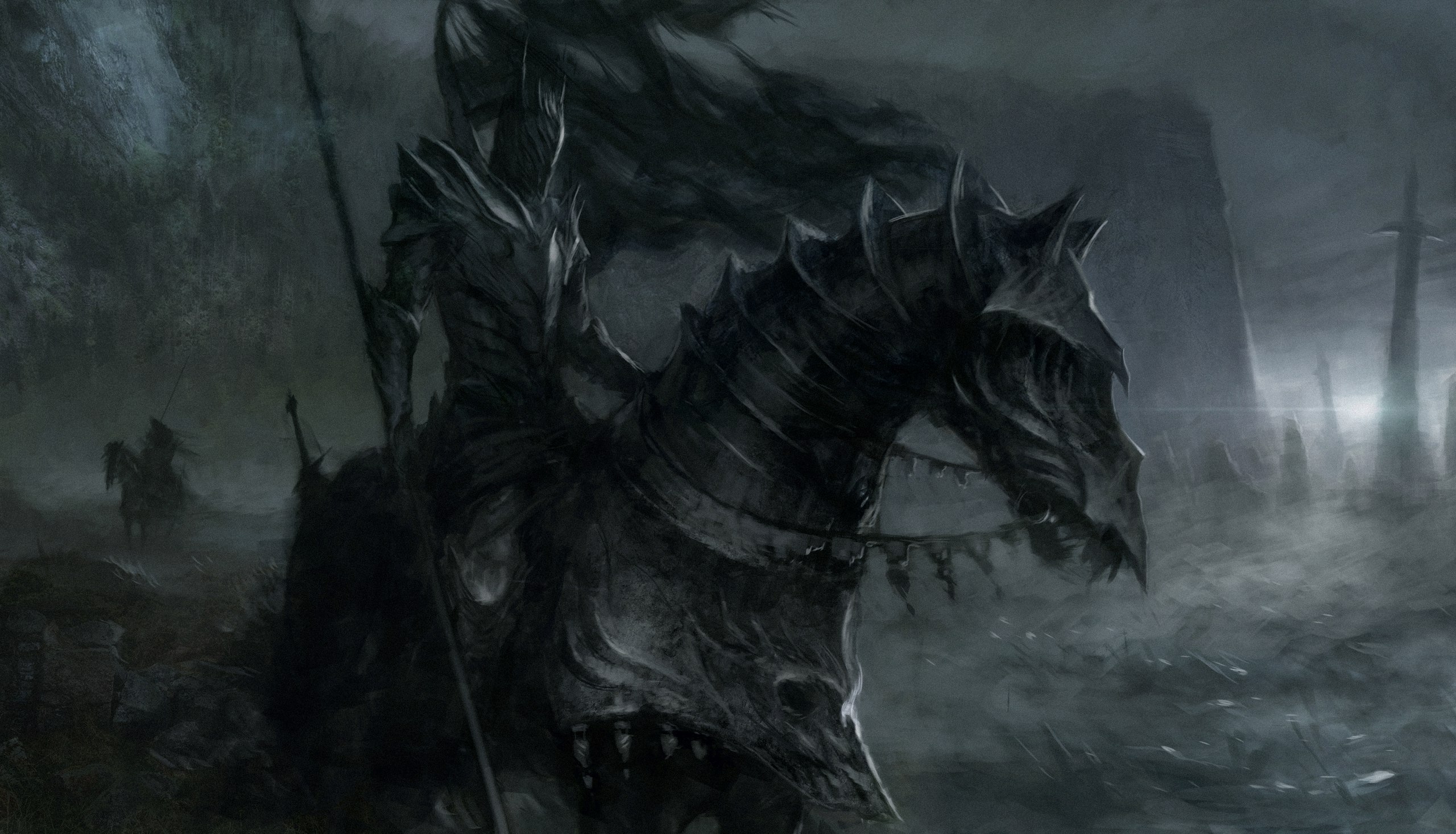 Download mobile wallpaper Dark, Warrior, Horse, Knight, Armor, Spear for free.