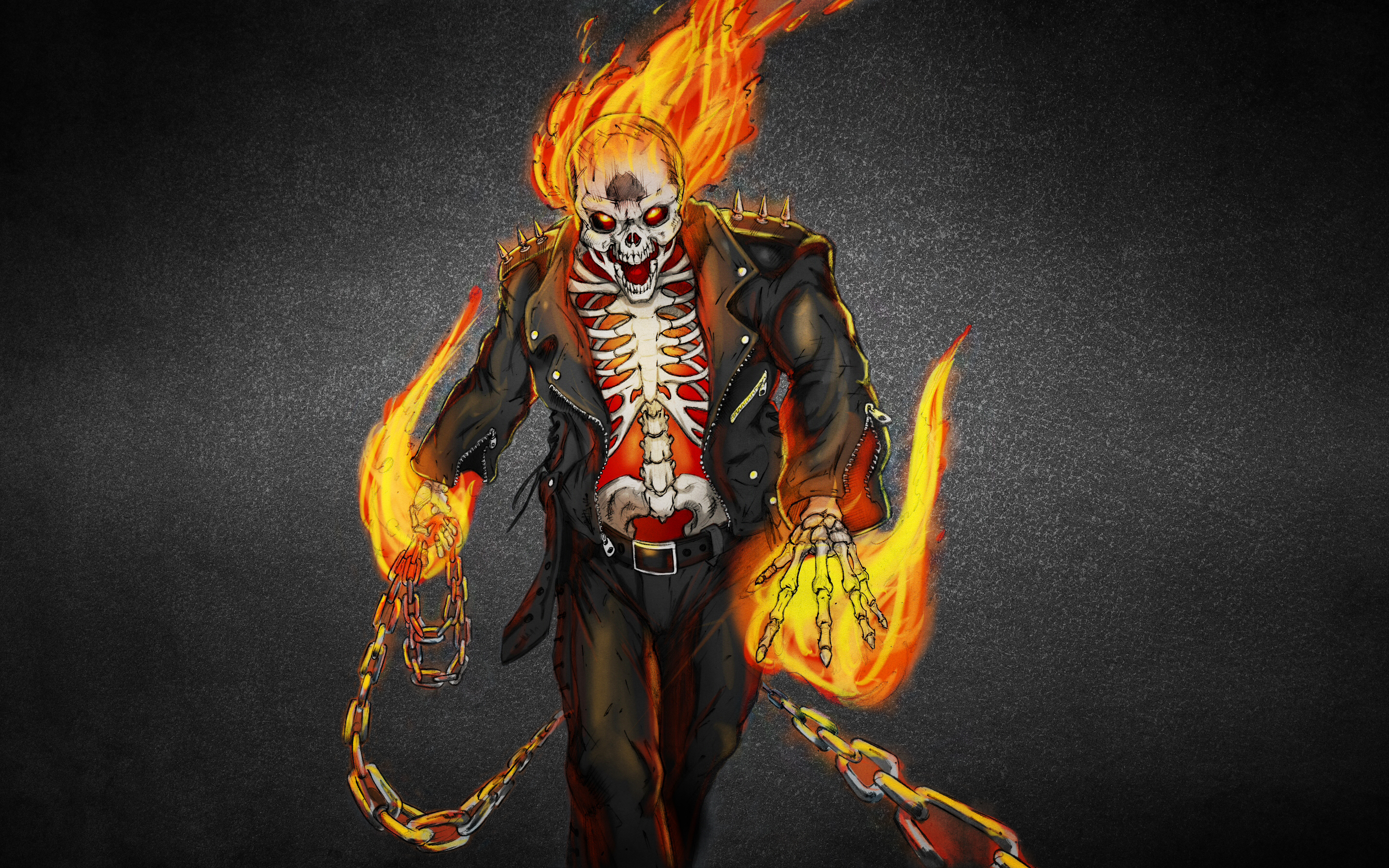 comics, ghost rider, chain, fire, leather, painting, skeleton, skull