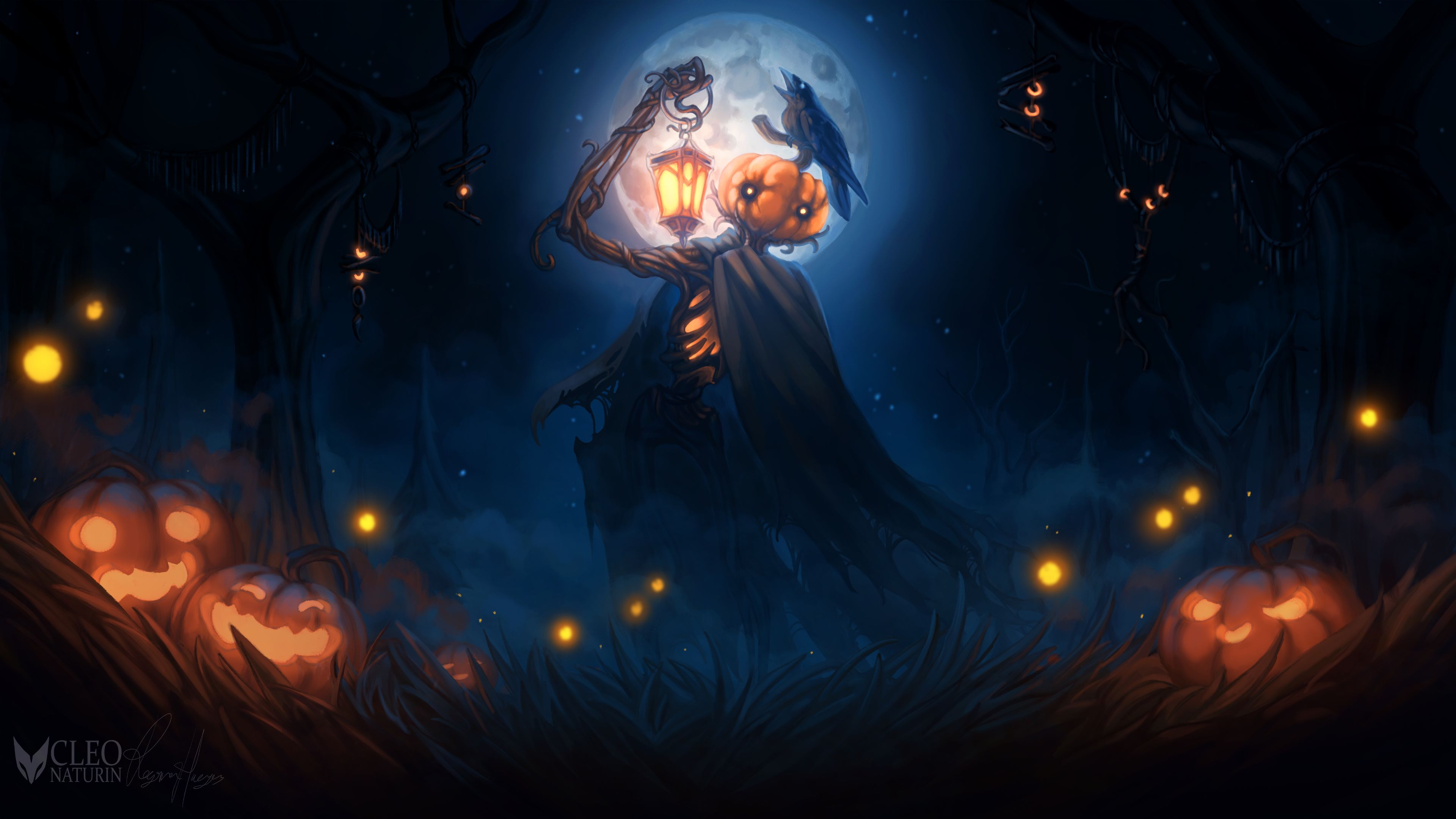 Download mobile wallpaper Halloween, Night, Moon, Holiday, Lantern, Crow, Spooky, Jack O' Lantern for free.