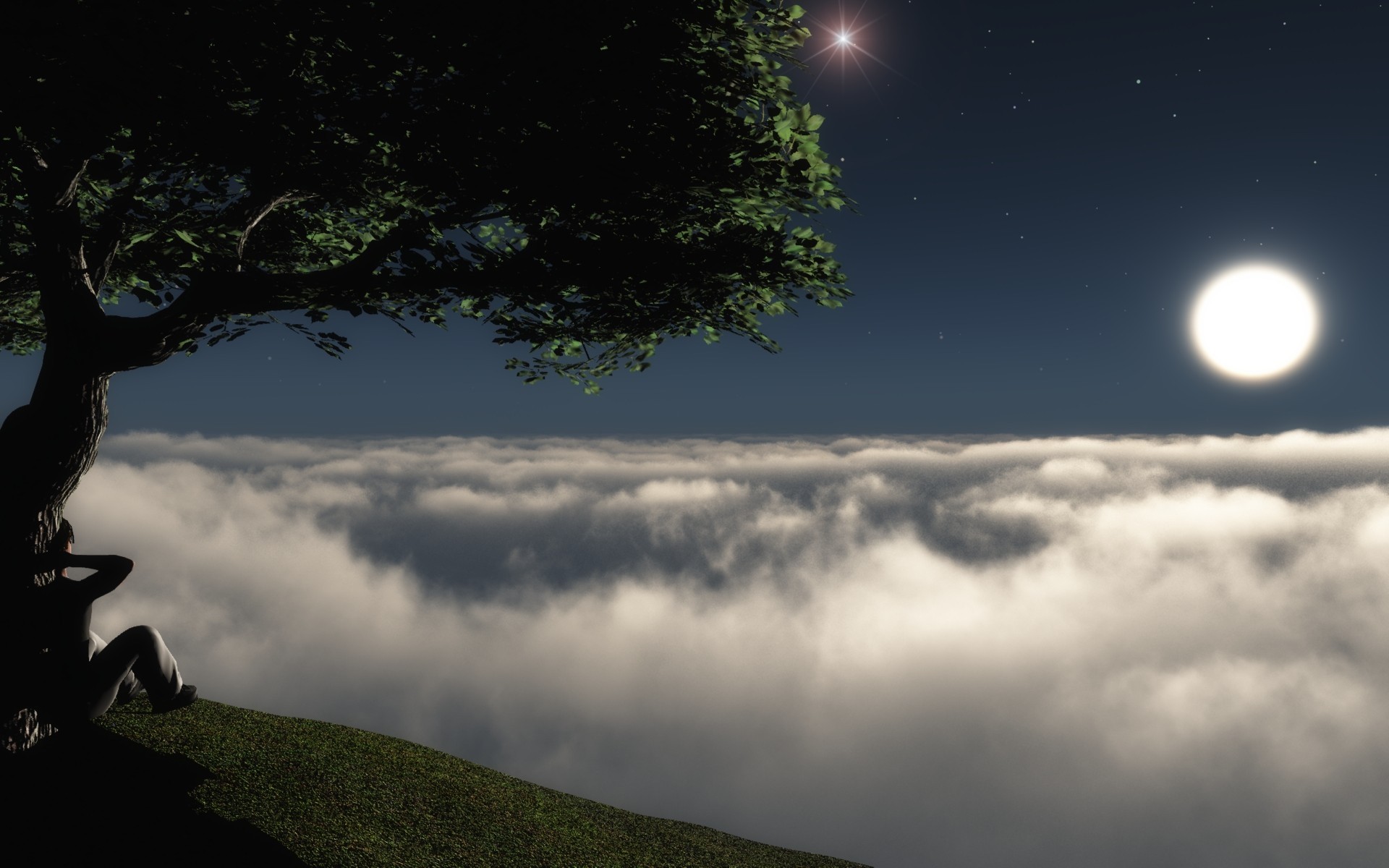Download mobile wallpaper Clouds, Landscape, Trees, Night, People for free.