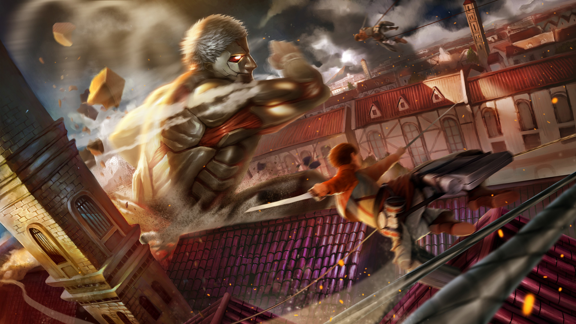attack on titan, anime, armored titan, city, destruction, titan High Definition image