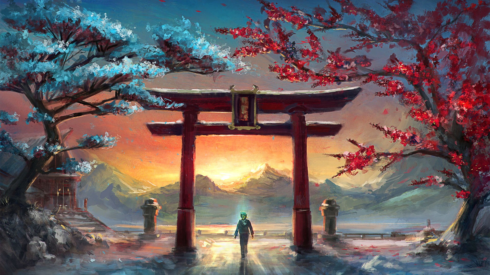 sakura, fantasy, landscape, mountain, sunset, torii, tree
