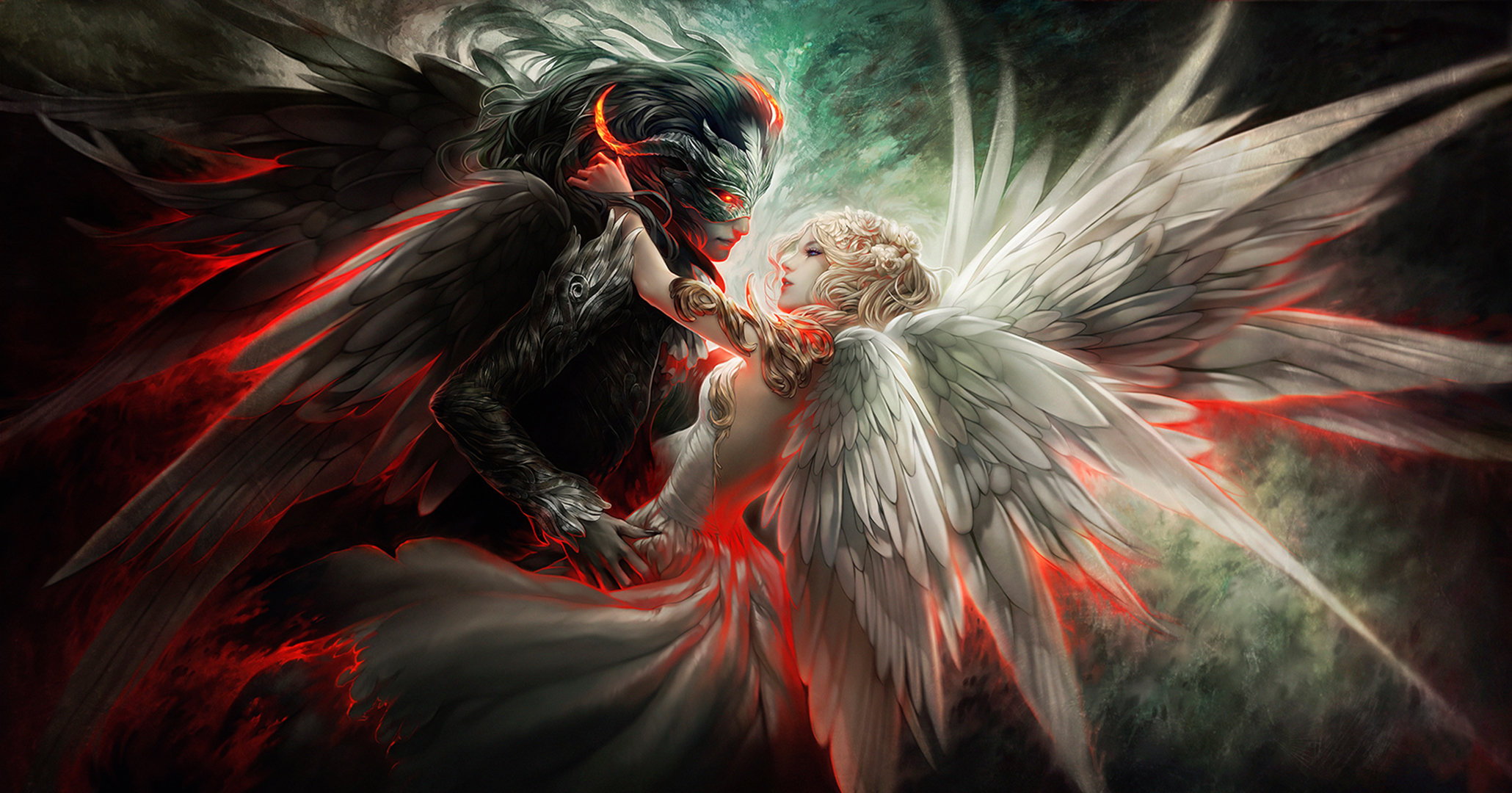 Free download wallpaper Fantasy, Love, Couple, Wings, Angel, Demon, Good Vs Evil on your PC desktop