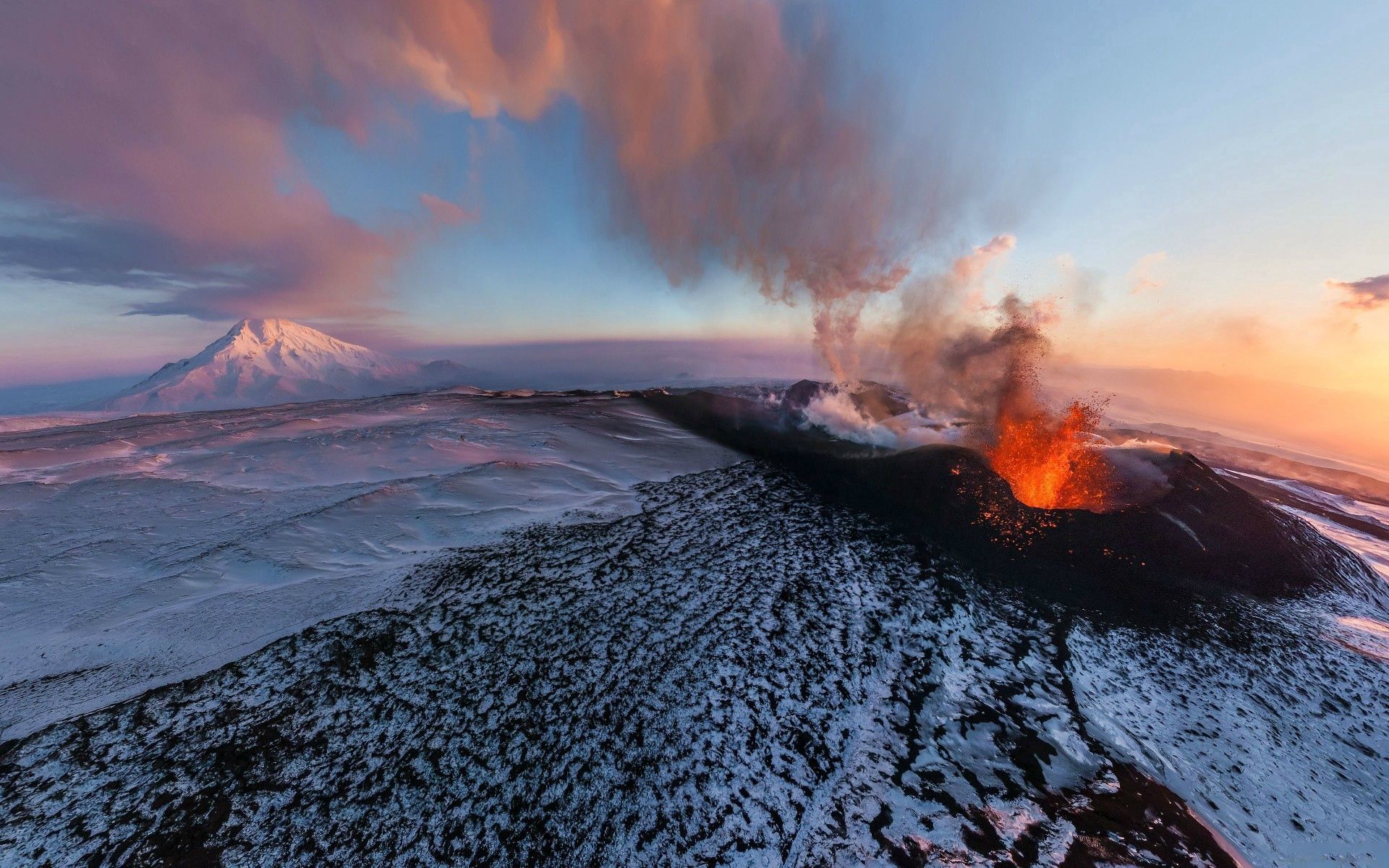 PCデスクトップに火山, 自然, 日没, 山脈画像を無料でダウンロード