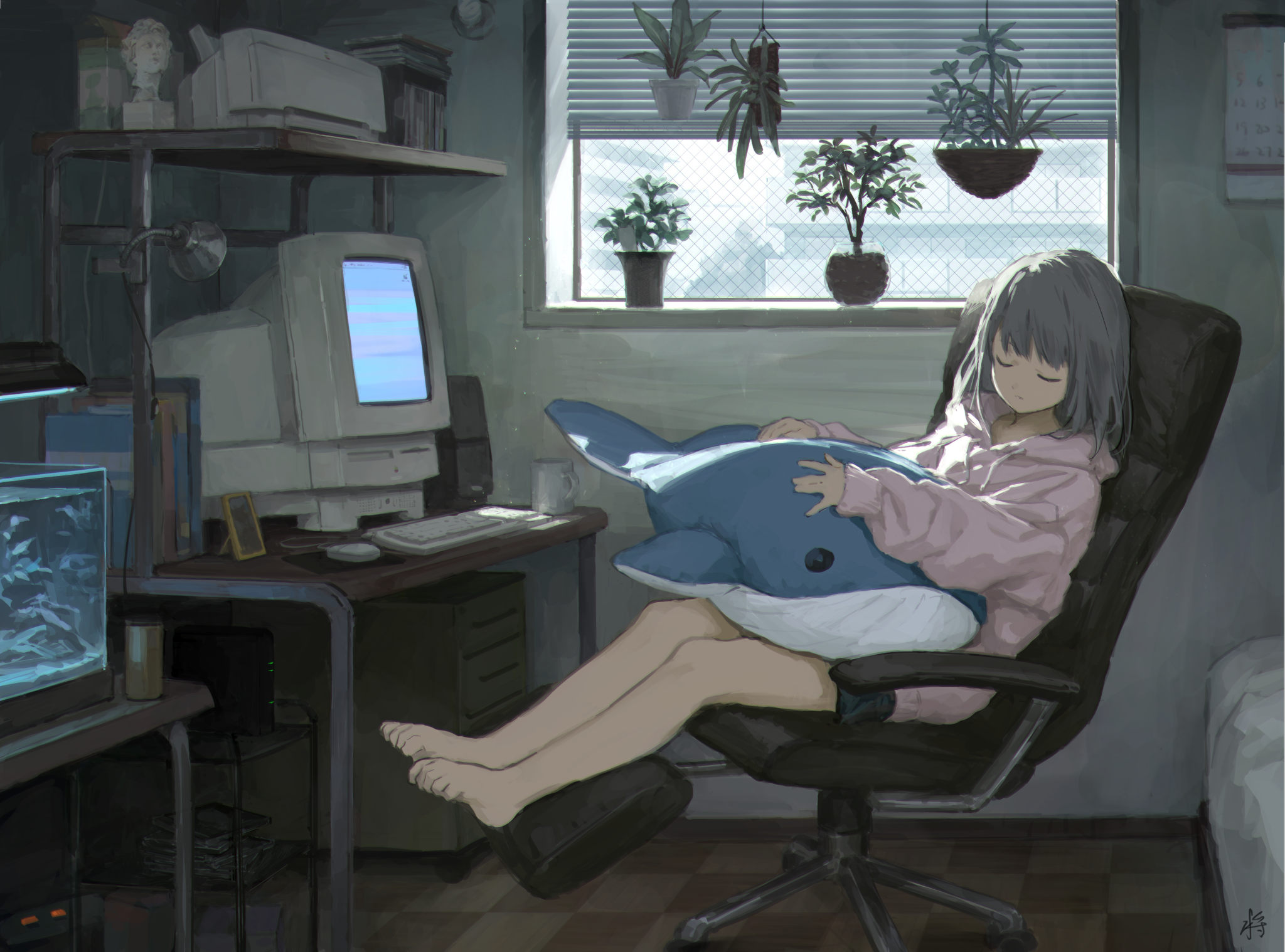 whale, anime, original, aquarium, chair, computer, plant, resting