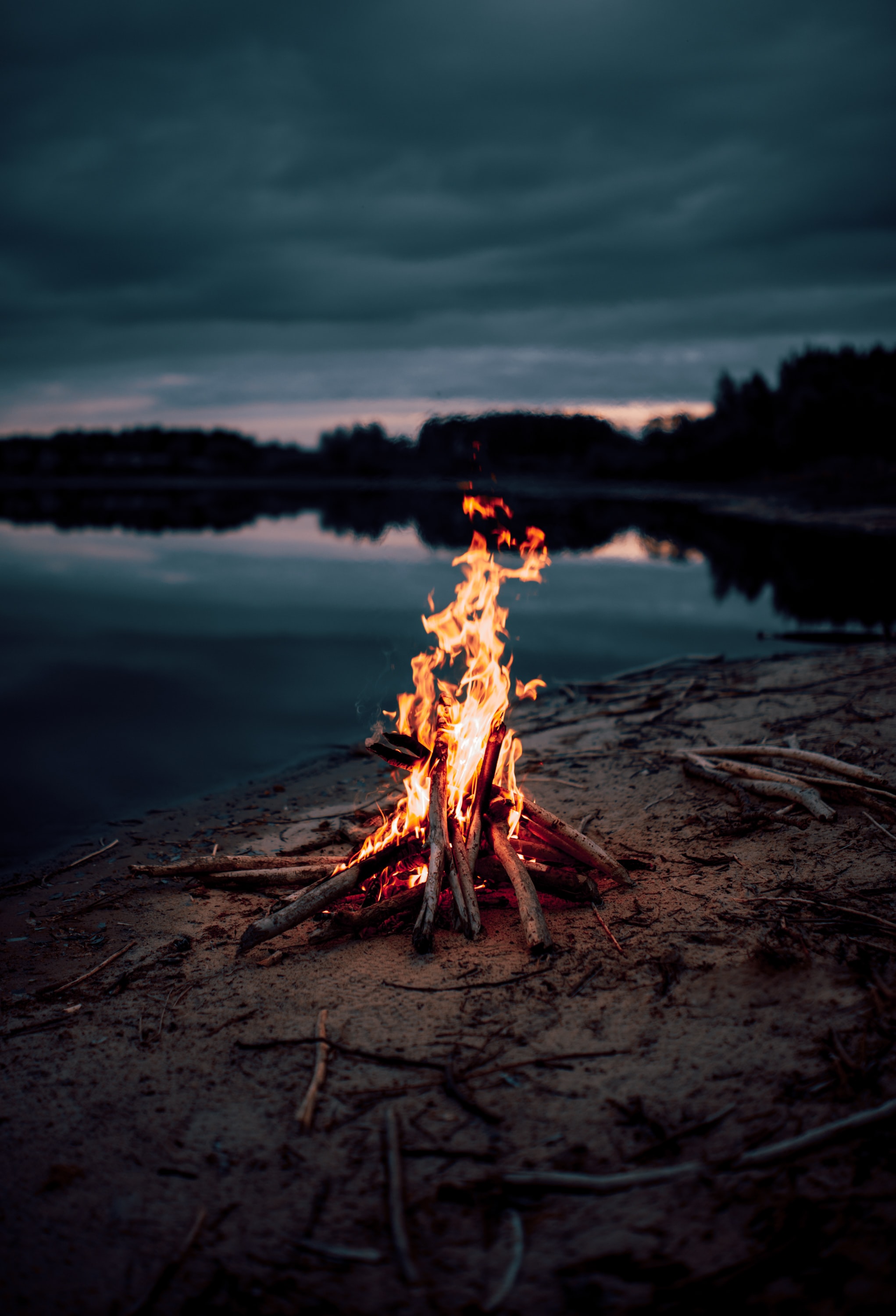 dark, fire, bonfire, water, coast, flame
