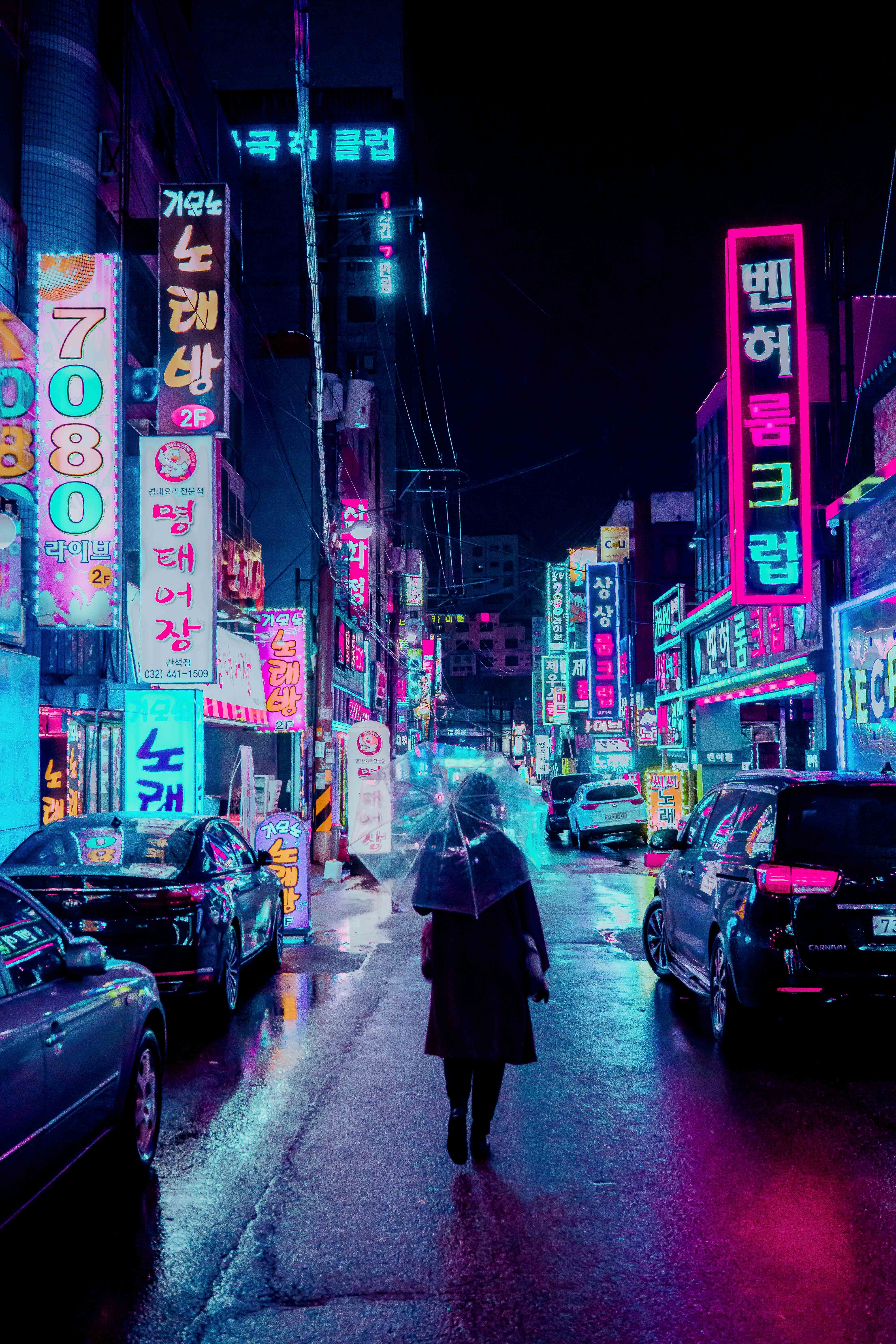 night city, neon, backlight, signs, illumination, signboards, street, umbrella, cities, human, person