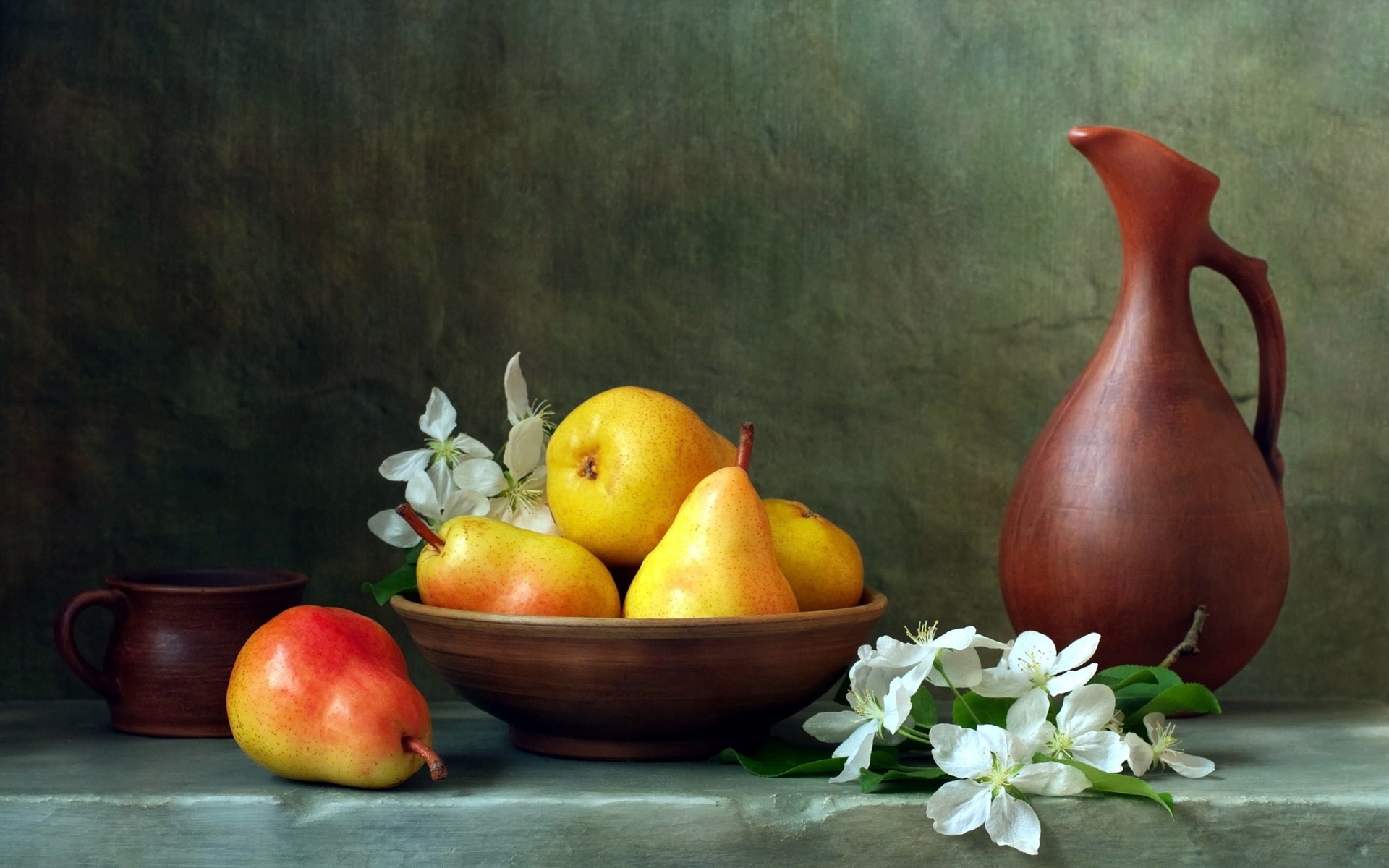 photography, still life, bowl, cup, flower, pear, pitcher