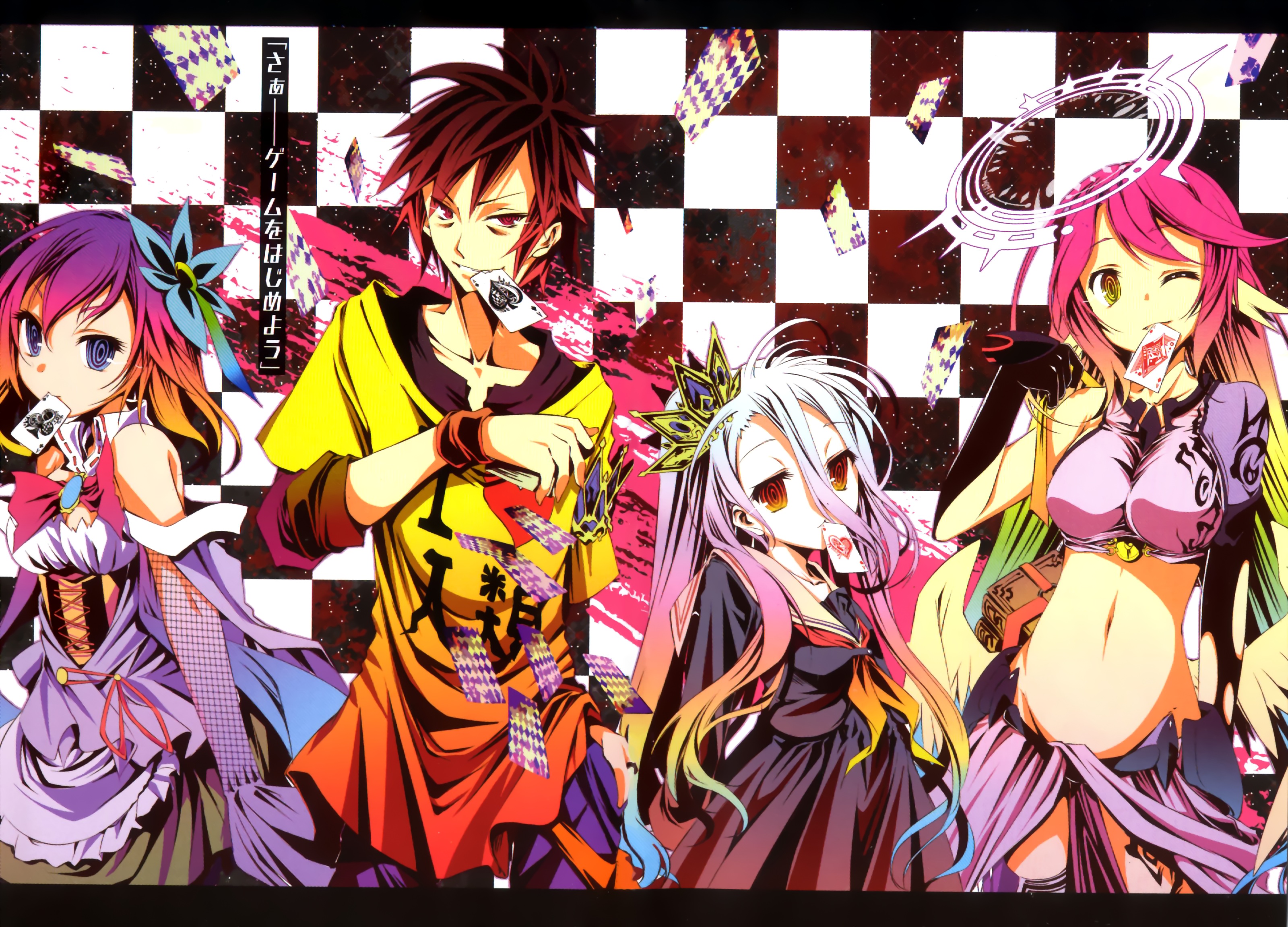purple eyes, red eyes, anime, no game no life, brown hair, crown, dress, jibril (no game no life), orange eyes, pink hair, purple hair, shiro (no game no life), sora (no game no life), stephanie dola, two toned hair, white hair, wink, yellow eyes for android