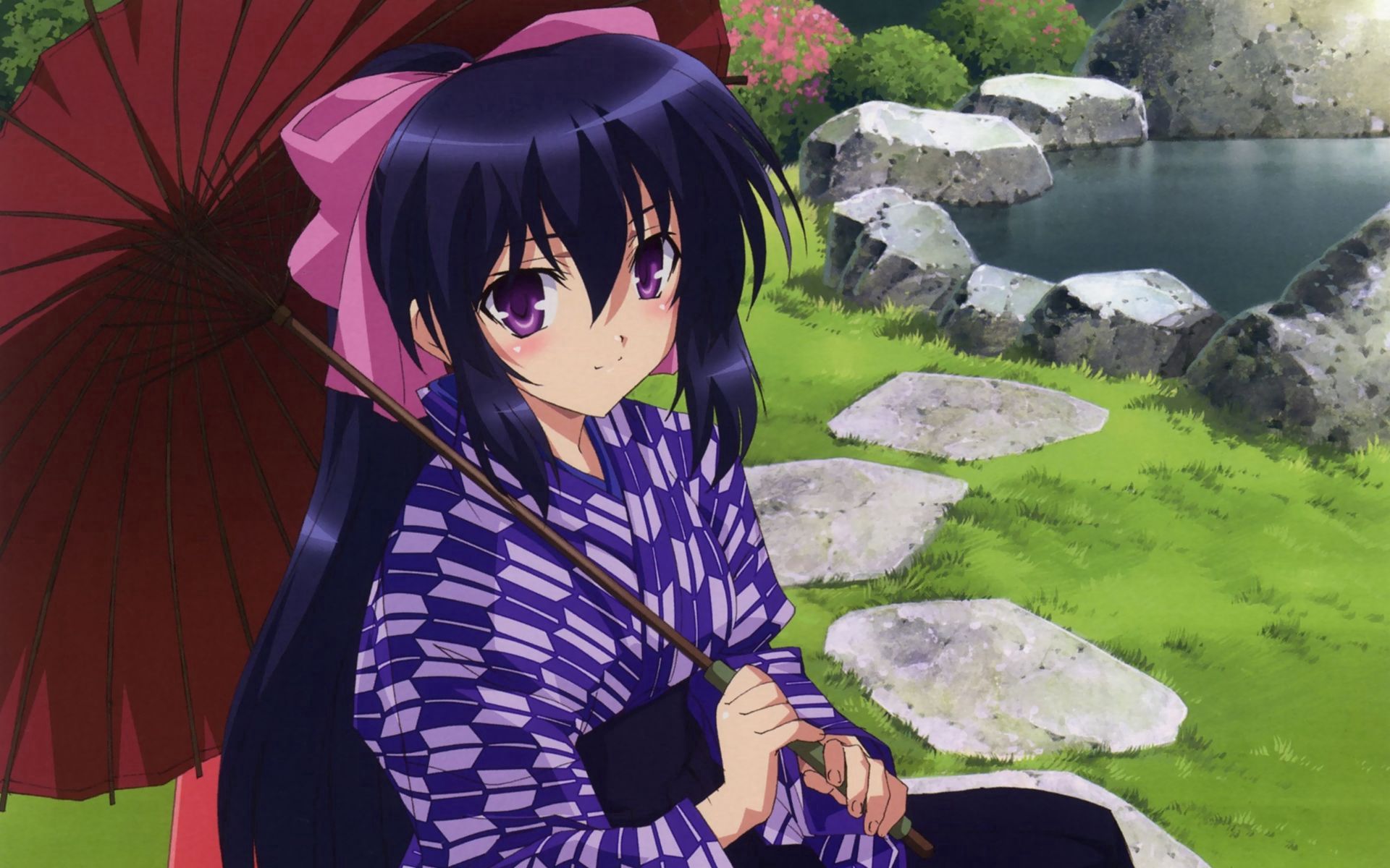 Laden Sie das Regenschirm, Brünette, Kimono, Mädchen, Anime-Bild kostenlos auf Ihren PC-Desktop herunter