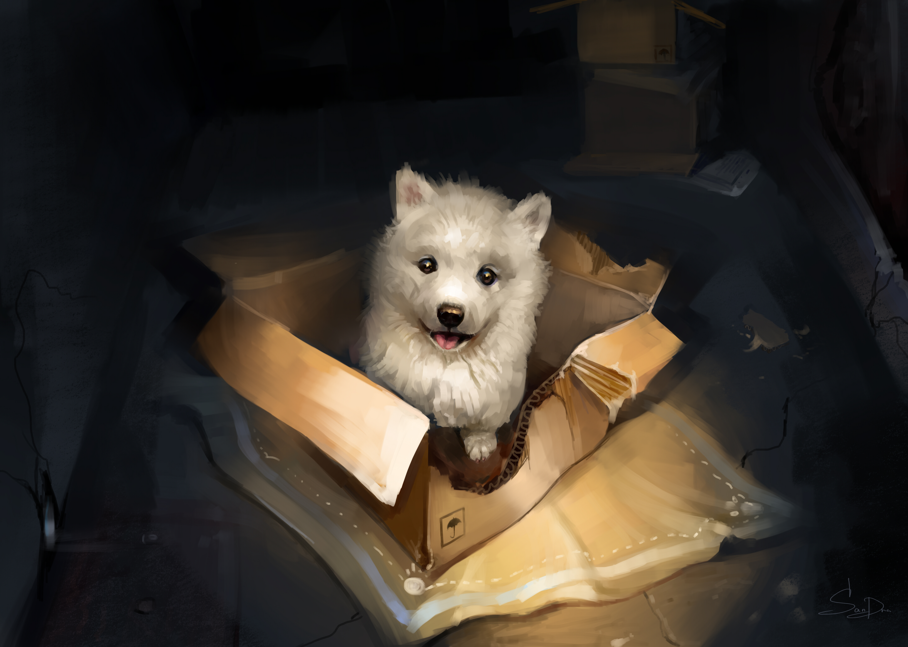 animal, puppy, box, dog, painting, dogs UHD