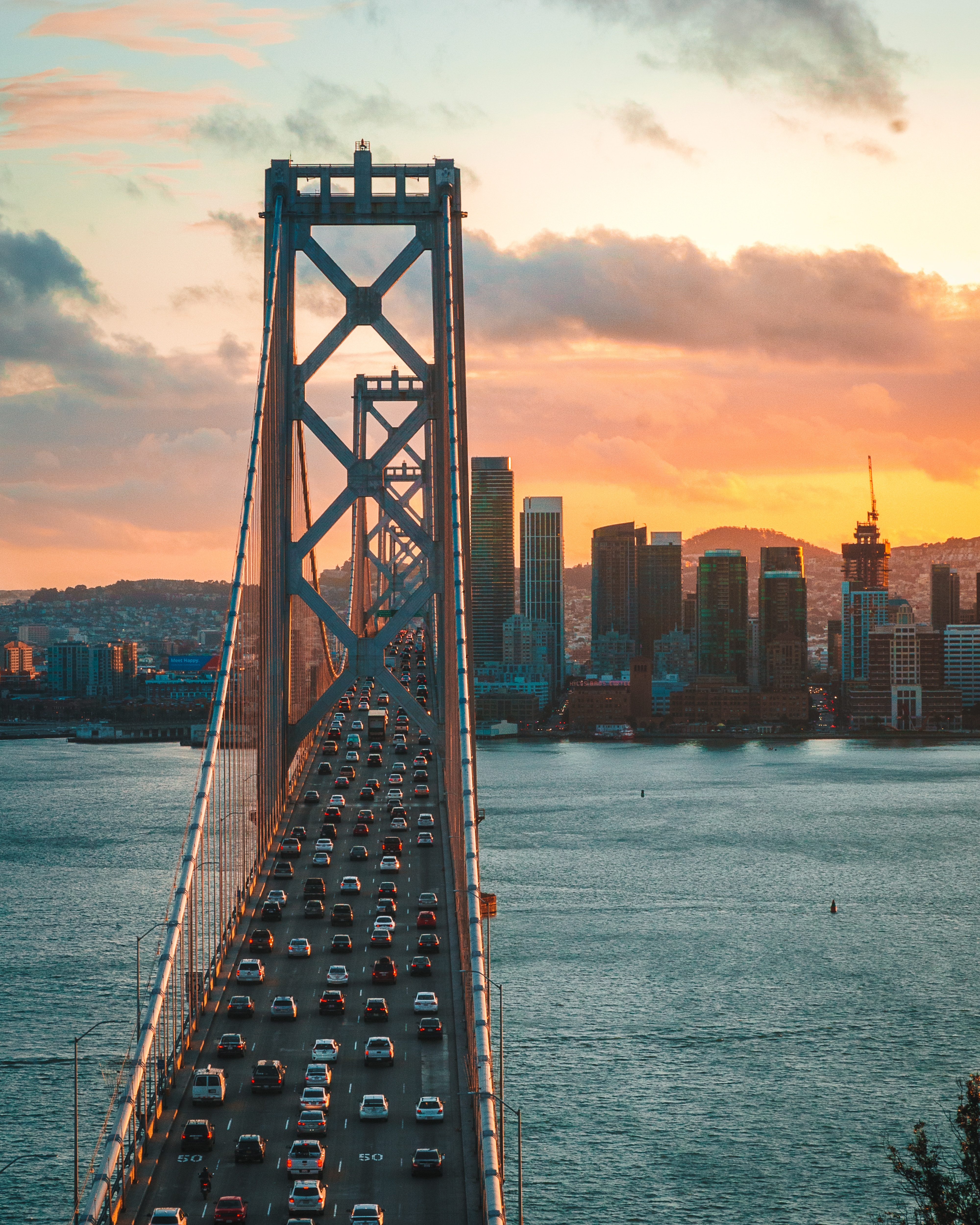 Download mobile wallpaper United States, City, Bridge, Movement, Traffic, Cities, San Francisco, Usa, Sunset for free.