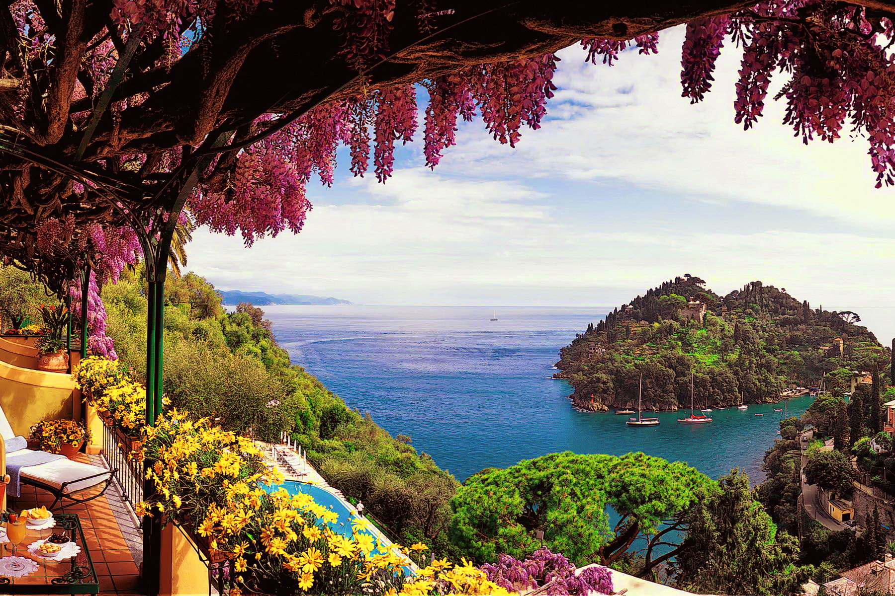 sea, horizon, towns, man made, amalfi, boat, flower, island, italy, ocean, terrace