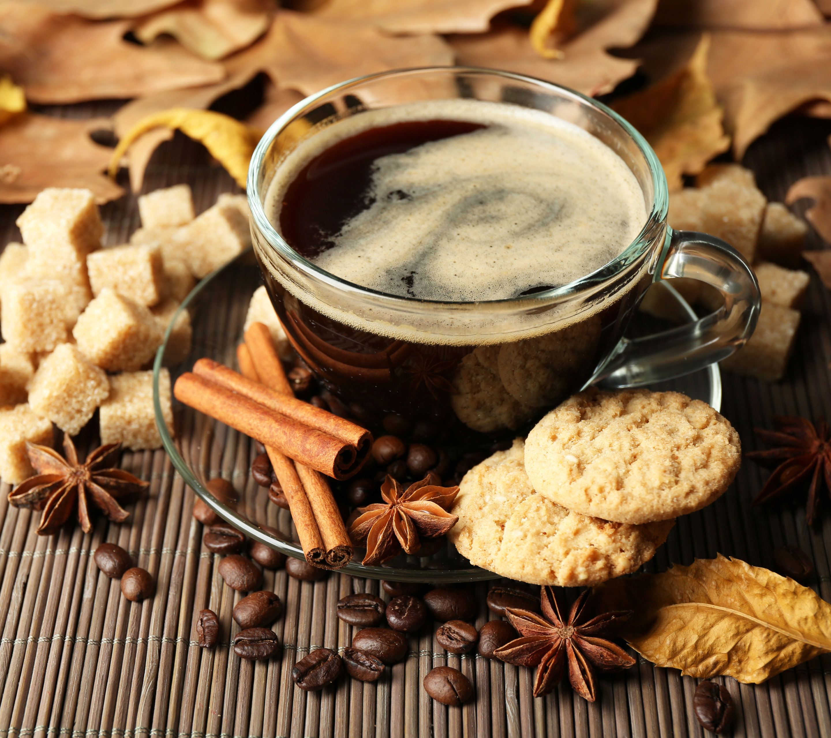 Free download wallpaper Food, Coffee, Cinnamon, Leaf, Fall, Coffee Beans, Sugar, Cookie on your PC desktop
