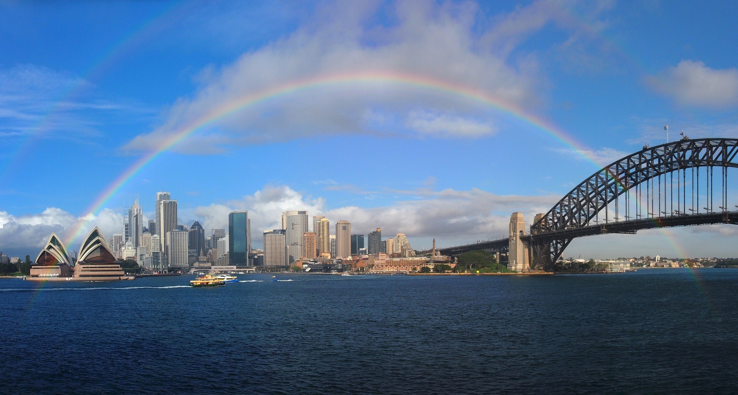 man made, sydney, australia, city, harbor, rainbow, sydney harbour bridge, sydney opera house, cities