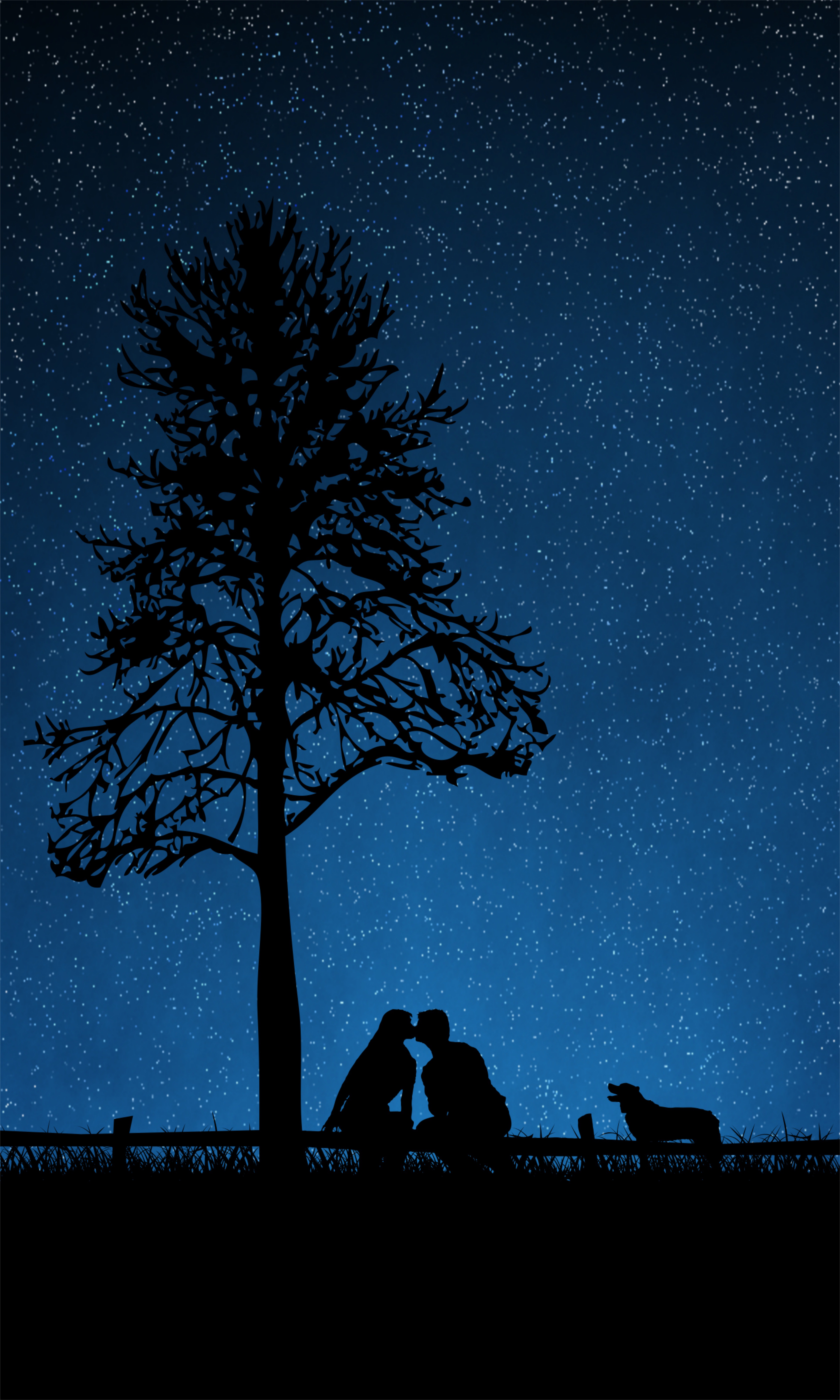 couple, kiss, pair, love, wood, tree, dog, silhouettes, starry sky