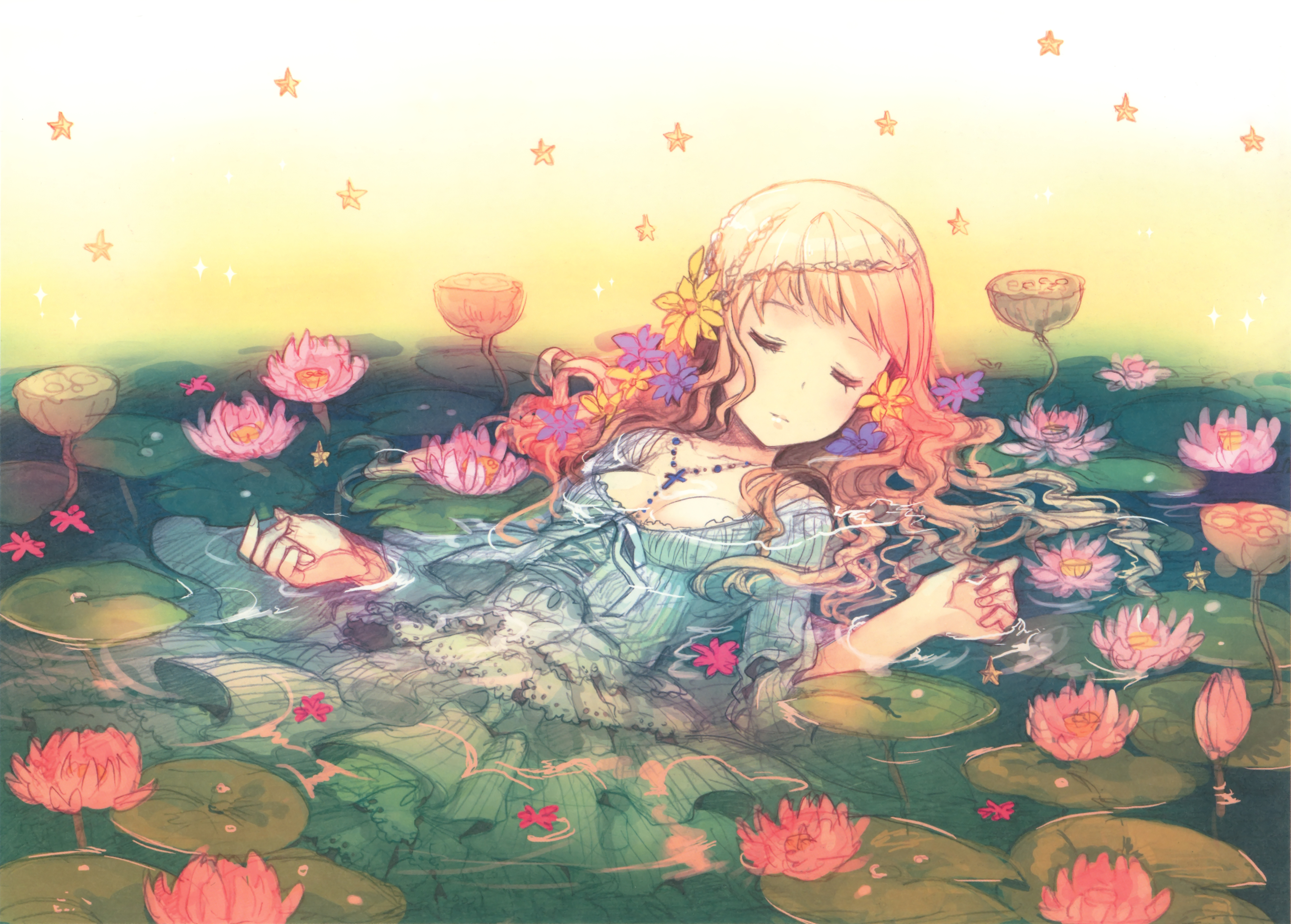 Аниме девушка лежит в воде