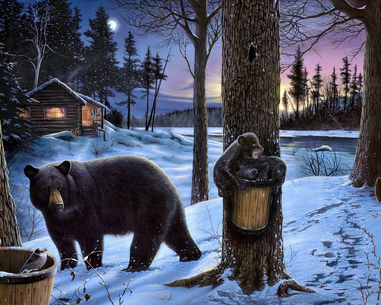 79585 скачать обои животные, еда, лес, медведь, домик, прогулка, семья, медвежата - заставки и картинки бесплатно