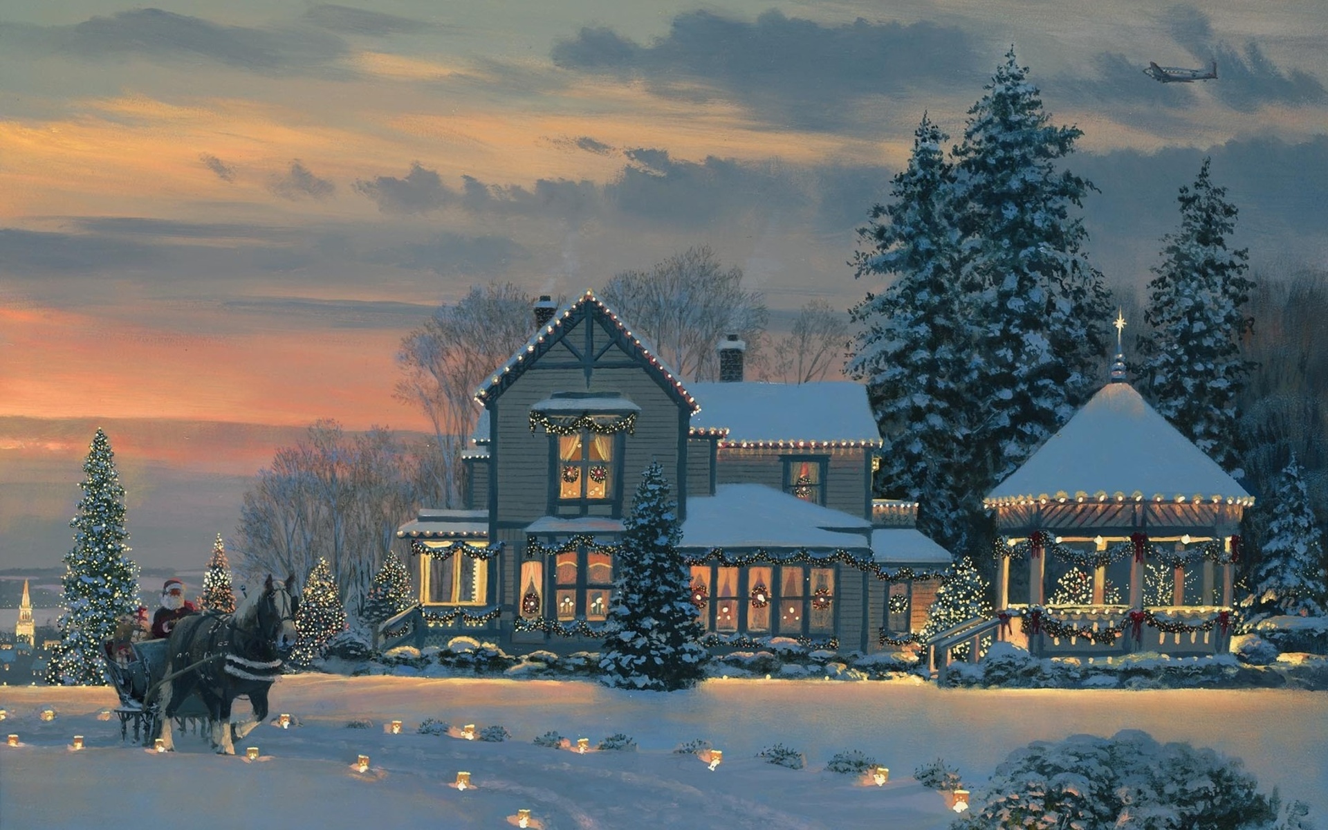 Mobile wallpaper light, winter, snow, christmas, christmas tree, painting, holiday, santa, sleigh