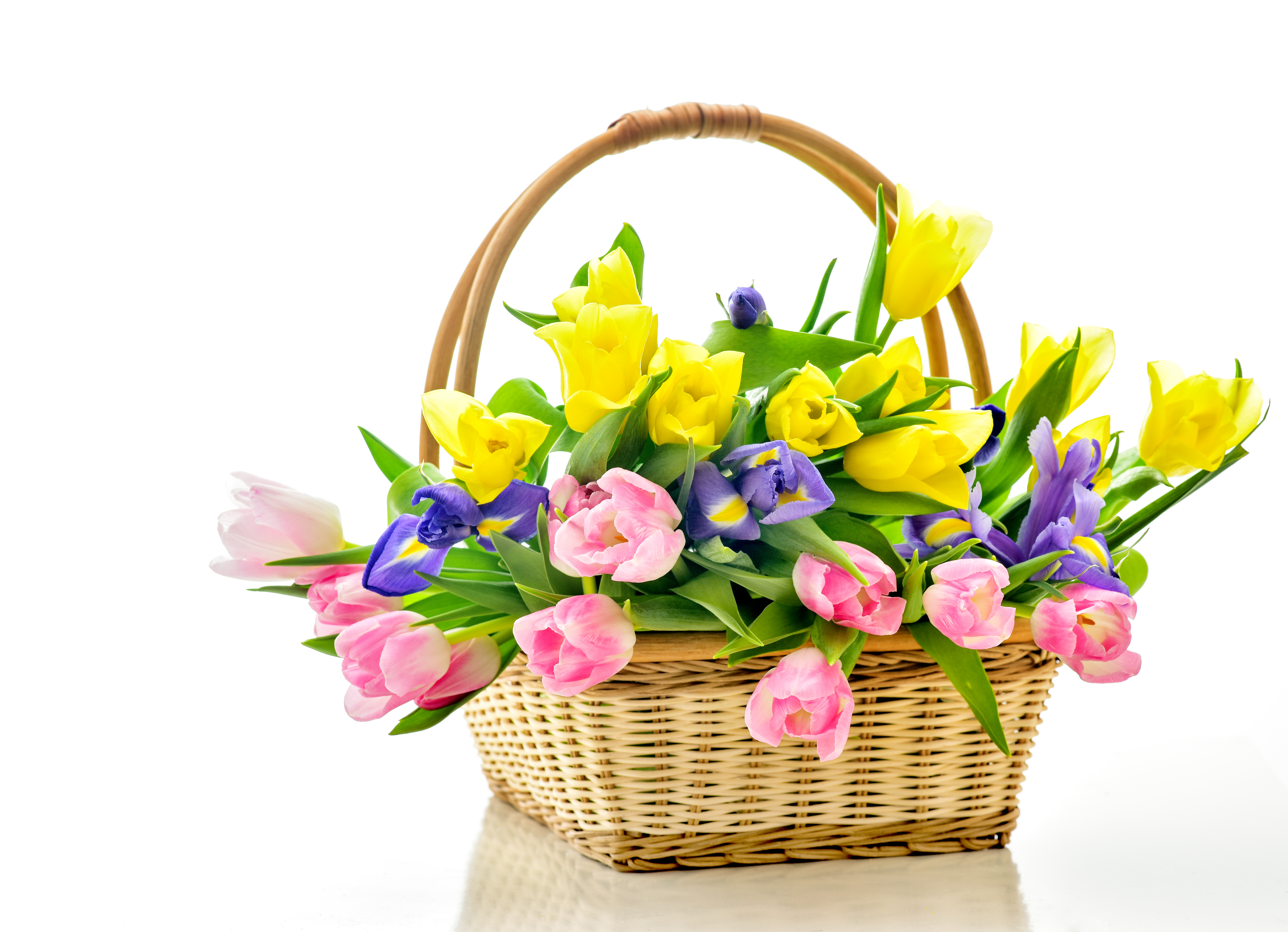 1525280 скачать картинку тюльпан, сделано человеком, цветок, корзина, ирис, розовый цветок, фиолетовый цветок, желтый цветок - обои и заставки бесплатно