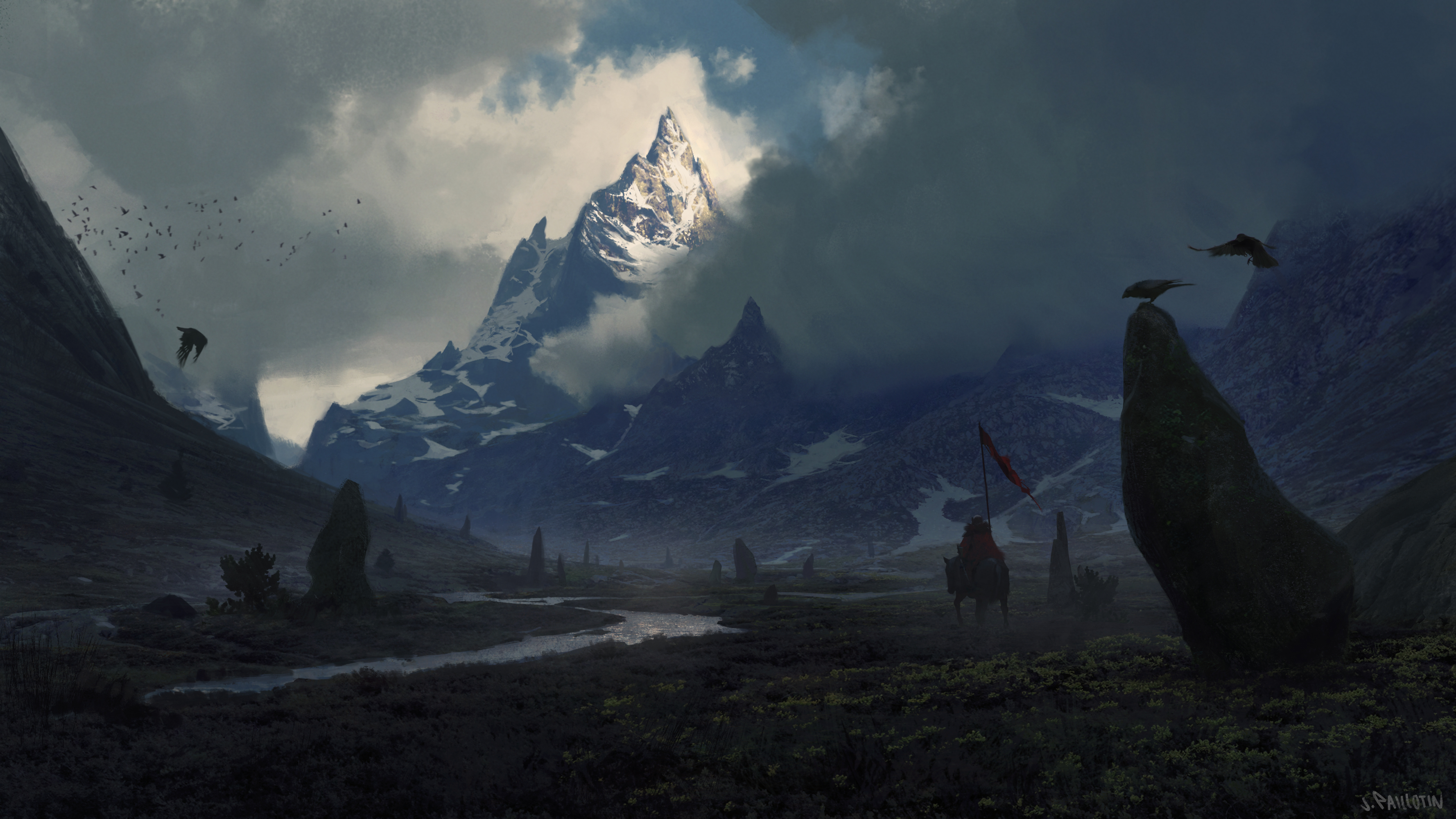 fantasy, landscape, crow, mountain, peak, warrior Free Stock Photo