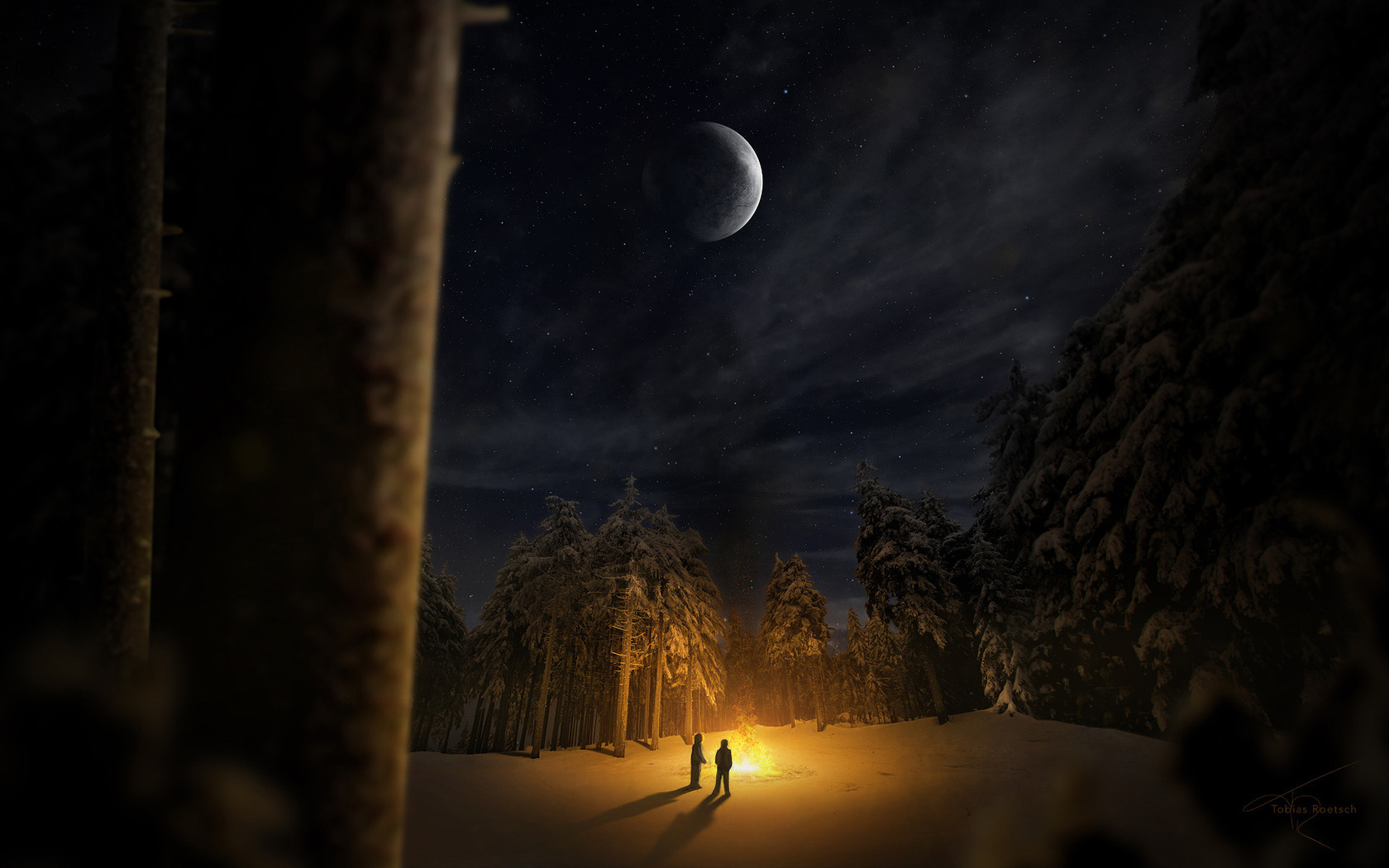 Download mobile wallpaper Moon, Landscape, Fire for free.