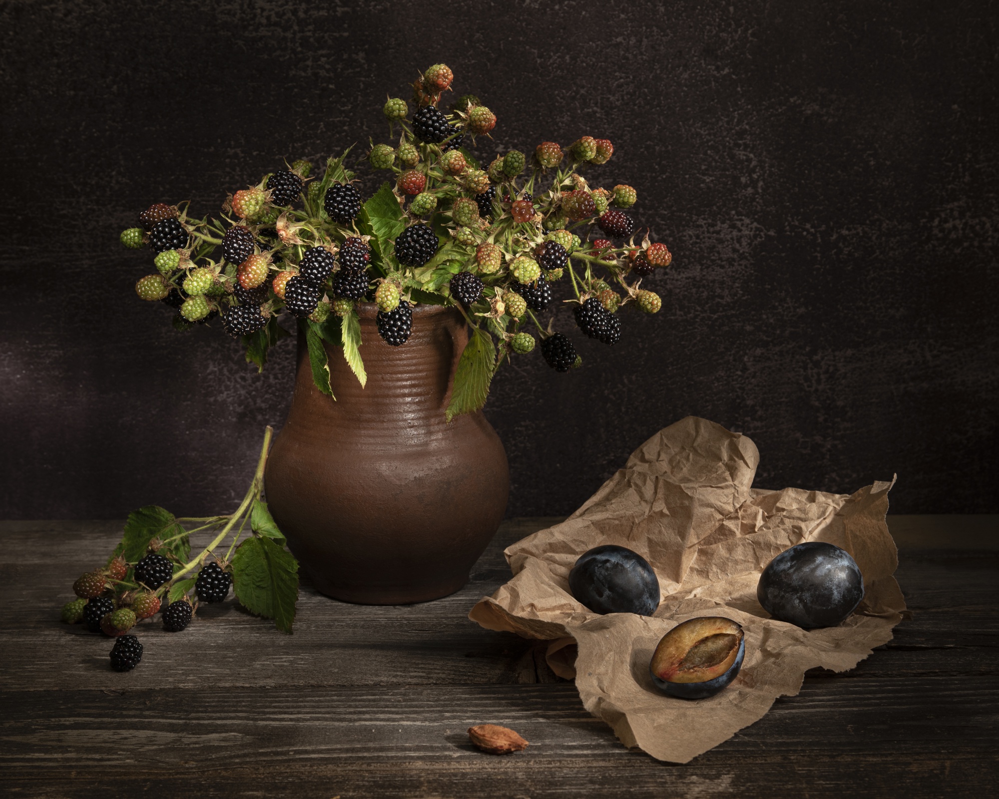 HD wallpaper food, still life, blackberry, jug, plum