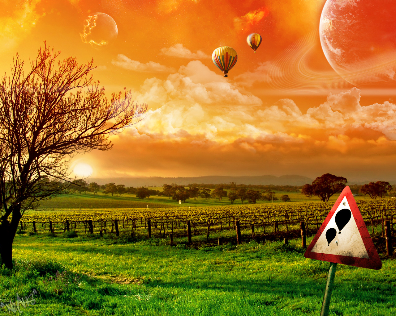 landscape, sun, earth, a dreamy world, cloud, hot air balloon, planet wallpaper for mobile